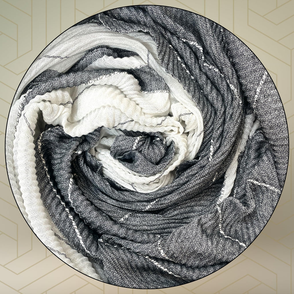 FAHABO Scarf for Women Stylish Pleated Cotton with Woven Border | Hijab Scarf | Stole | Soft, Lightweight, and Latest Scarves | 77 x 33 Inches (Dark Grey and White)