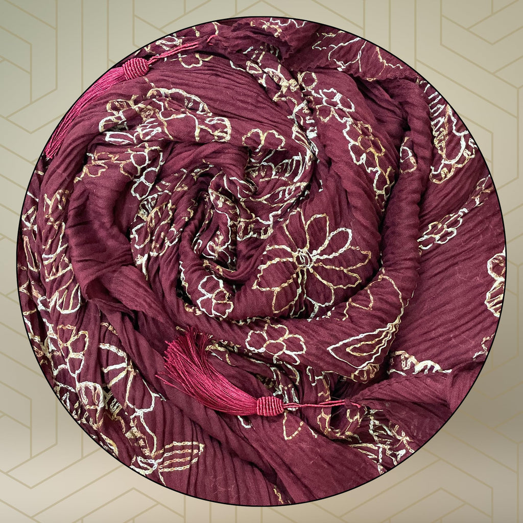 FAHABO Scarf Woman Pleated Cotton Scarves with Embroidery and Tassels | Hijab Scarf | Headscarf | Neck Scarf | Stoles | Wraps (Cherry Maroon -1)