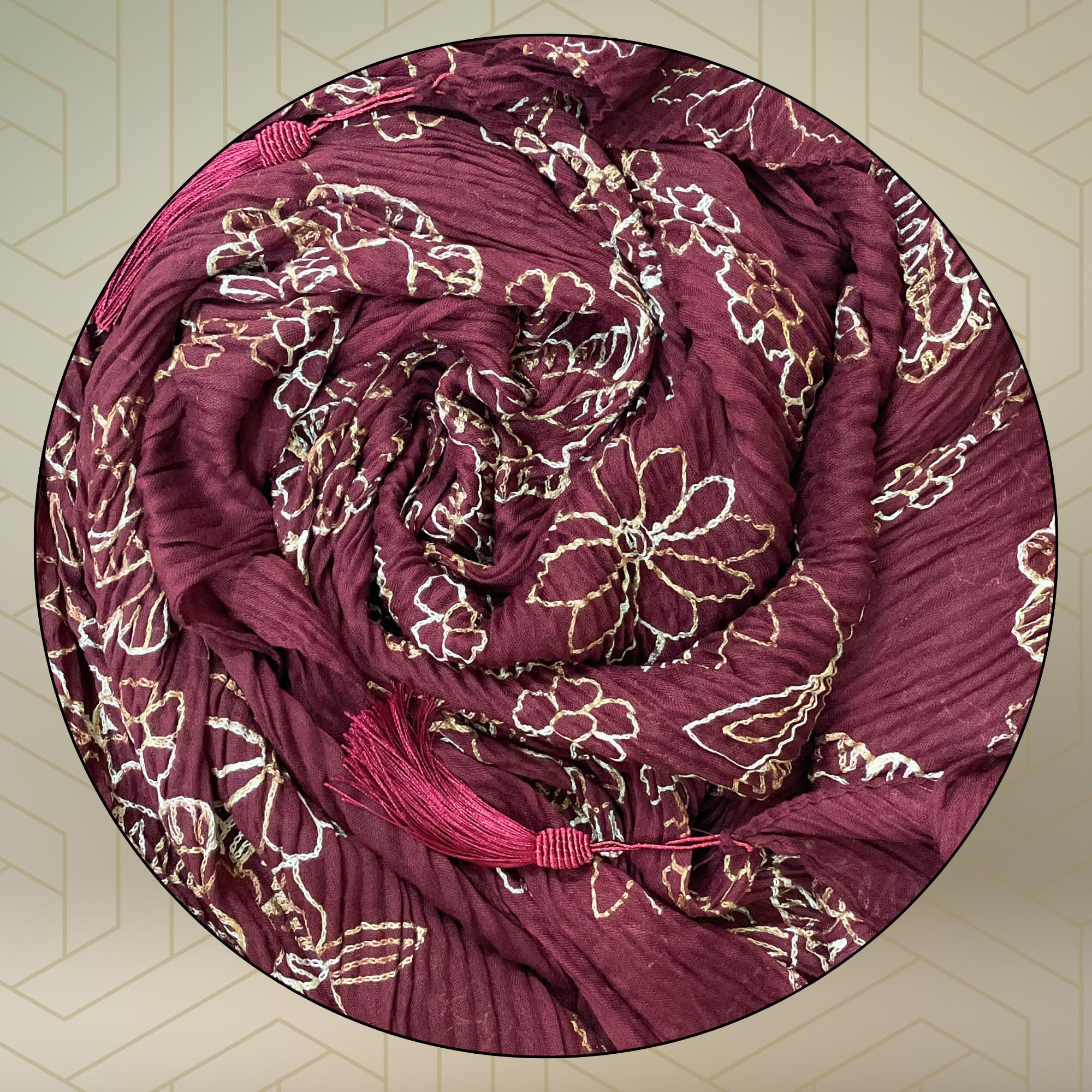 FAHABO Scarf Woman Pleated Cotton Scarves with Embroidery and Tassels | Hijab Scarf | Headscarf | Neck Scarf | Stoles | Wraps (Cherry Maroon -1)