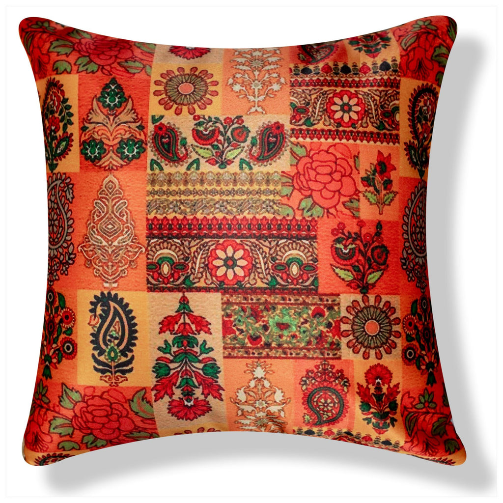 Vendola Decorative Satin Sofa Cushion Covers Set of 5, 20 Inch x 20 inch, Sofa Pillow Cover, Ethnic Festive, Red, Yellow, Beige, Namaskar Welcome, Zipper Closure (Namaskar, 20X20 Inches)