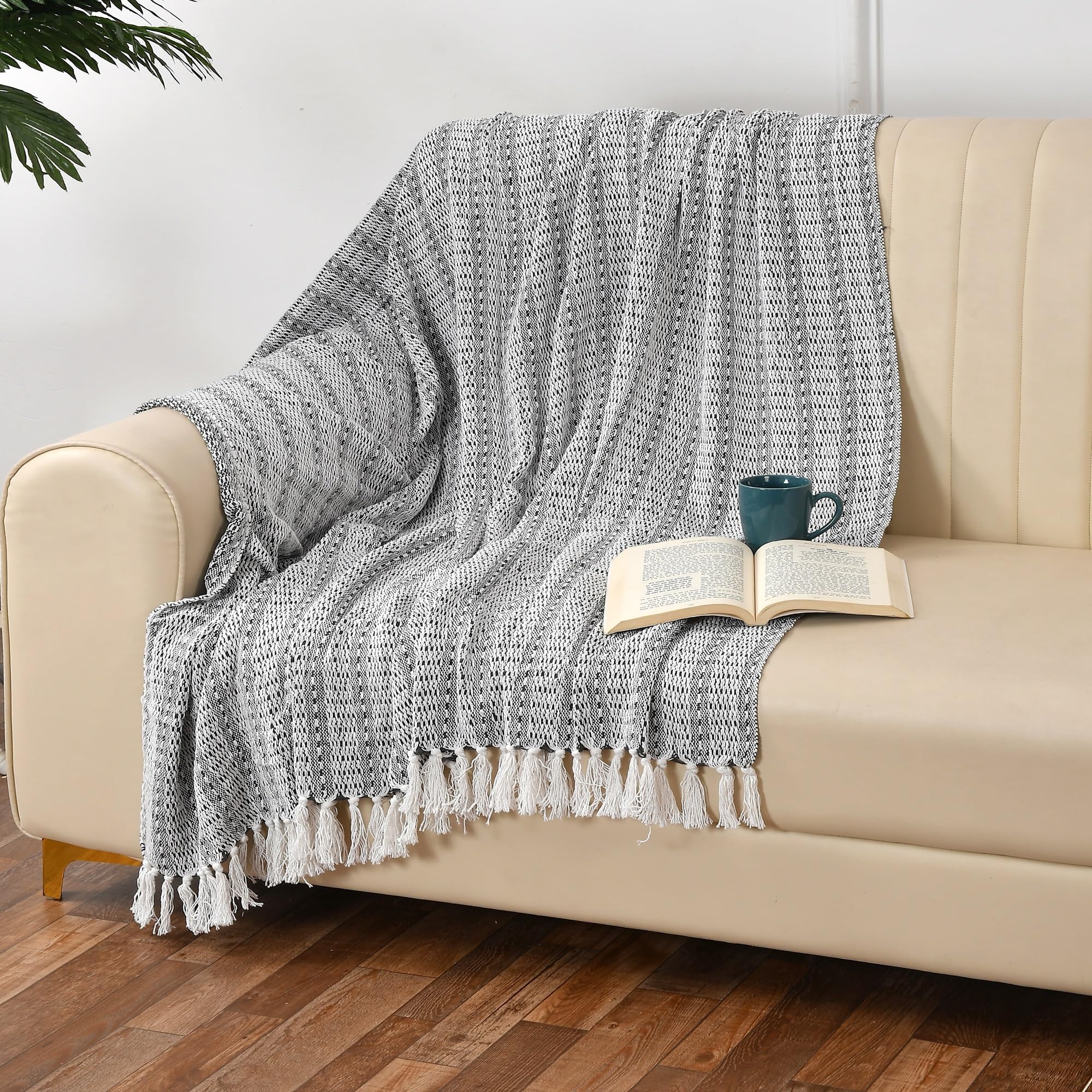 SASHAA World Cotton Striped Super Soft & Breathable Throw Blanket | Black Throw Blanket | 200 x 150 cm-100 TC Kafalo