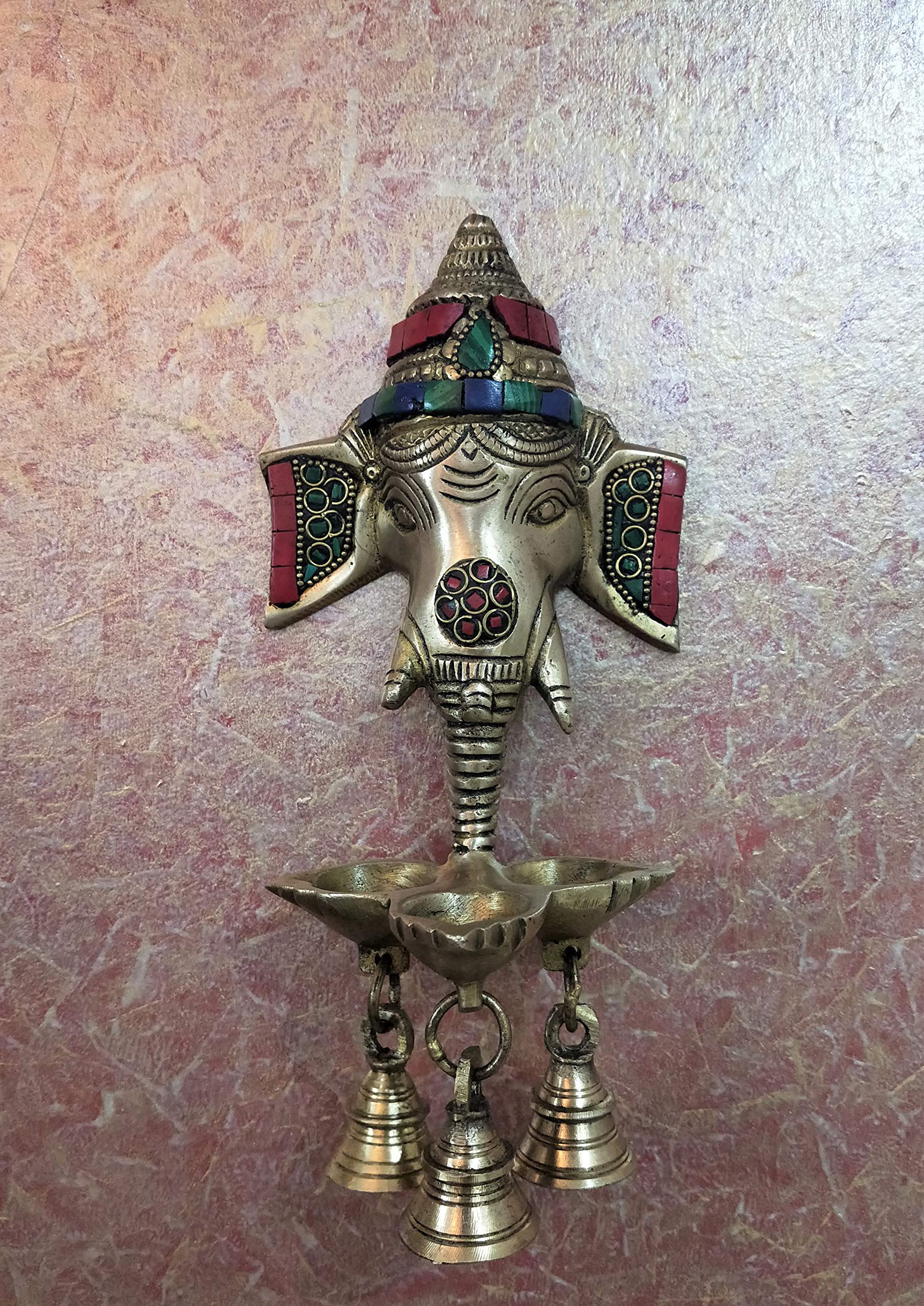 ARTVARKO™ Brass Ganesha Wall Hanging Diya with Bells Puja Idol Oil Lamp 9.5 Inch Antique Style Ganesh Home Décor Deepak for Mandir Temple Gift