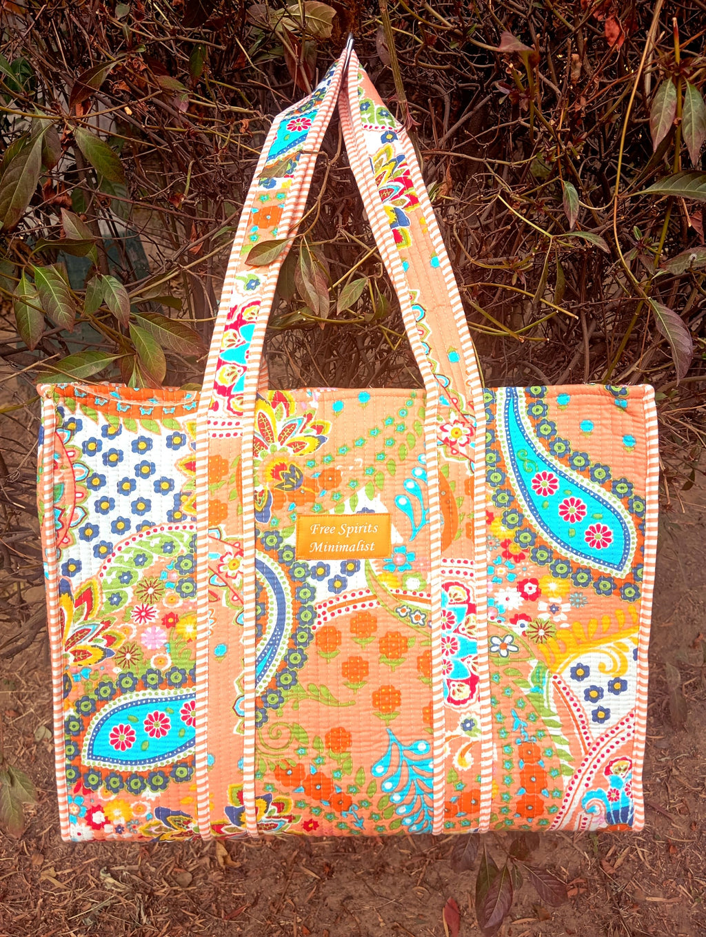 Cotton Tote bag for Women | Shoulder Bag | Durable Shopping bag | Reusable Grocery Bags | Eco friendly Bags| Handmade Cotton Bag | Stylish Quilted handBag |Vegan Tote Bag (PEACH MULT)