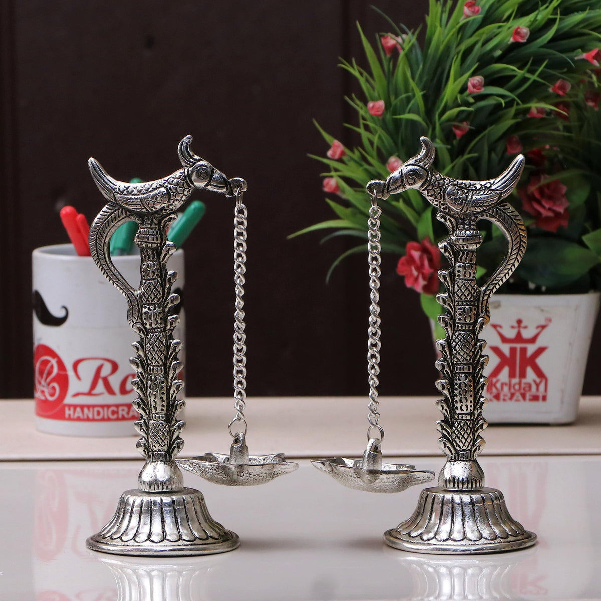 Parrot Design Metal Hanging with Chain Diya Pair of Parrot Design