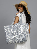 Ravaiyaa - Attitude is everything Women & Man Beautiful Printed Cotton Grocery Shopping Bag | Shoulder Bag | Cotton Tote Bag | Travel Tote Bags 18x5.5x16 Inch (Grey Floral)