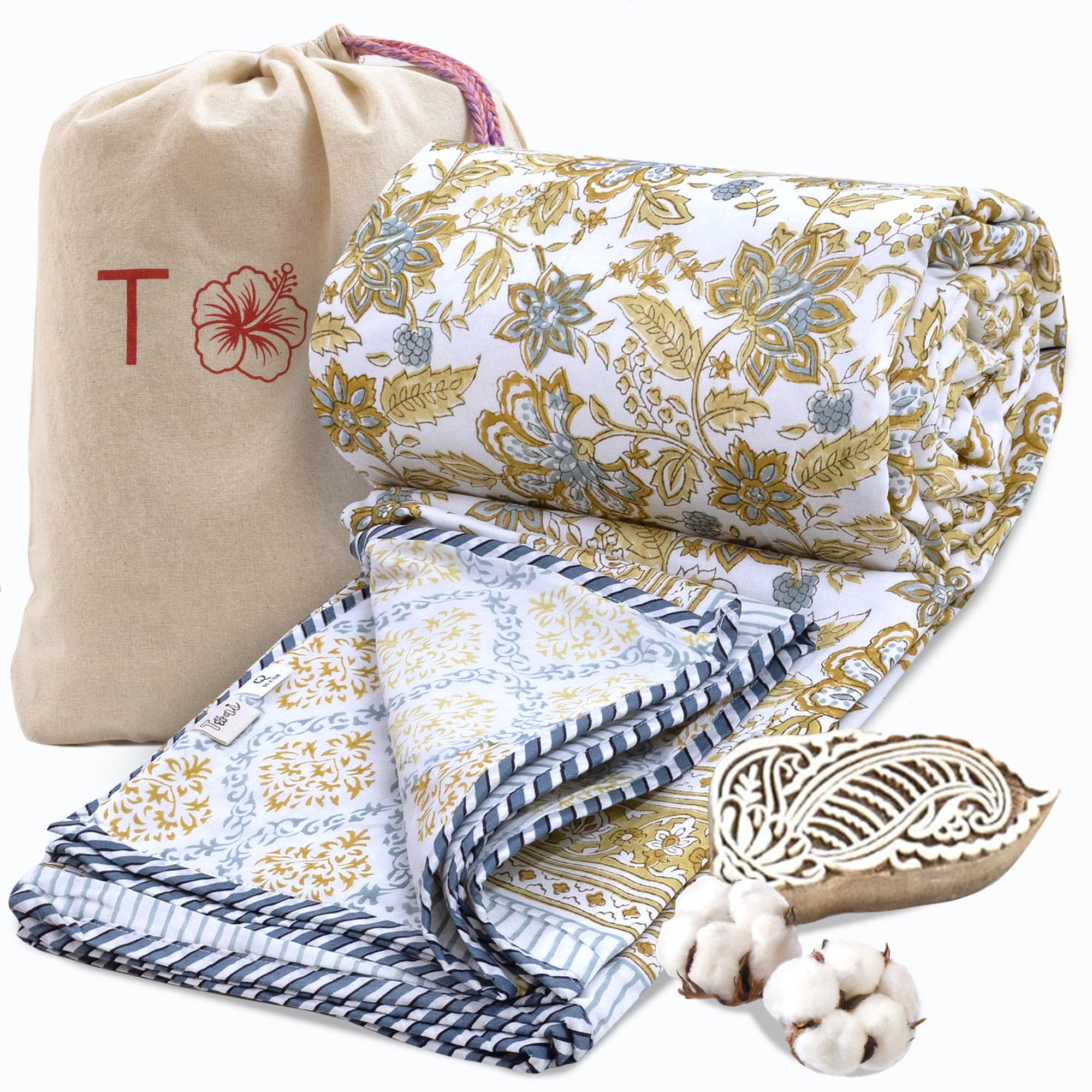 TOAIArt Premium Jaipuri Dohar | AC Blanket Summer Quilt | Hand Block Printed | 3 Layers | Reversible | 150GSM 100% Mulmul Cotton | 100% Cotton Flannel Filling | Queen 90 X 108 |Autumn Leaves Kafalo