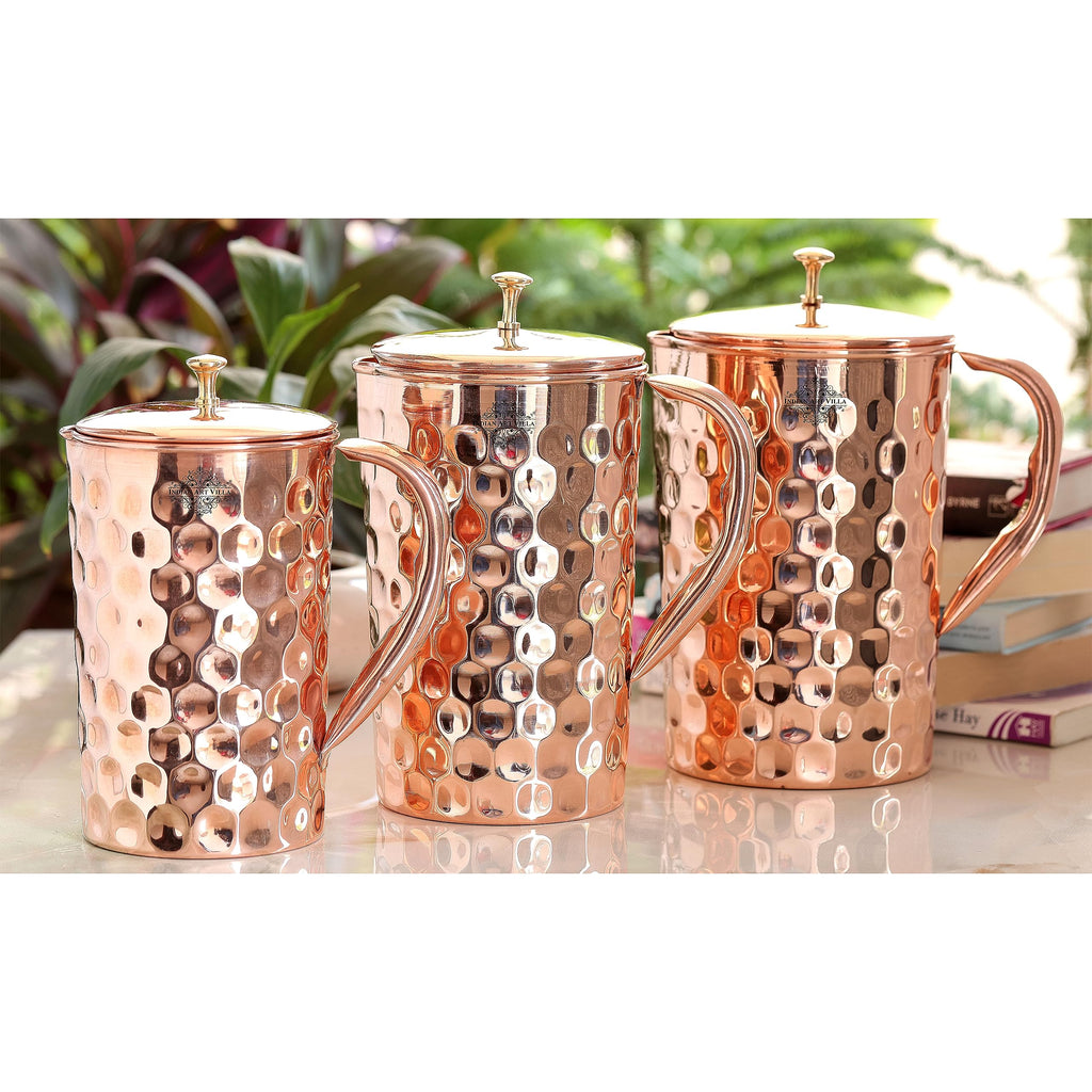 Indian Art Villa Diamond Design Copper Jug Pitcher with Brass Knob, Storage & Serving Water, Yoga Ayurveda Healing, Volume- 2000 ML