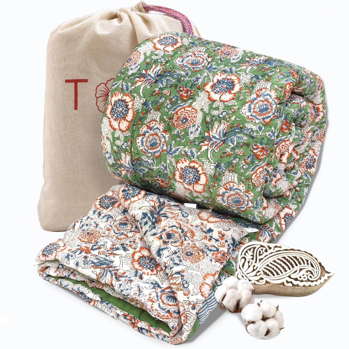 TOAIArt Jaipuri Quilt | Lightweight Comforter/Razai/Rajai | Hand Quilted | Block Printed Reversible 3 Layer| Premium Mulmul Cotton| Cotton Wool Filling| Queen Size 90” X 108” | Messy Garden Kafalo