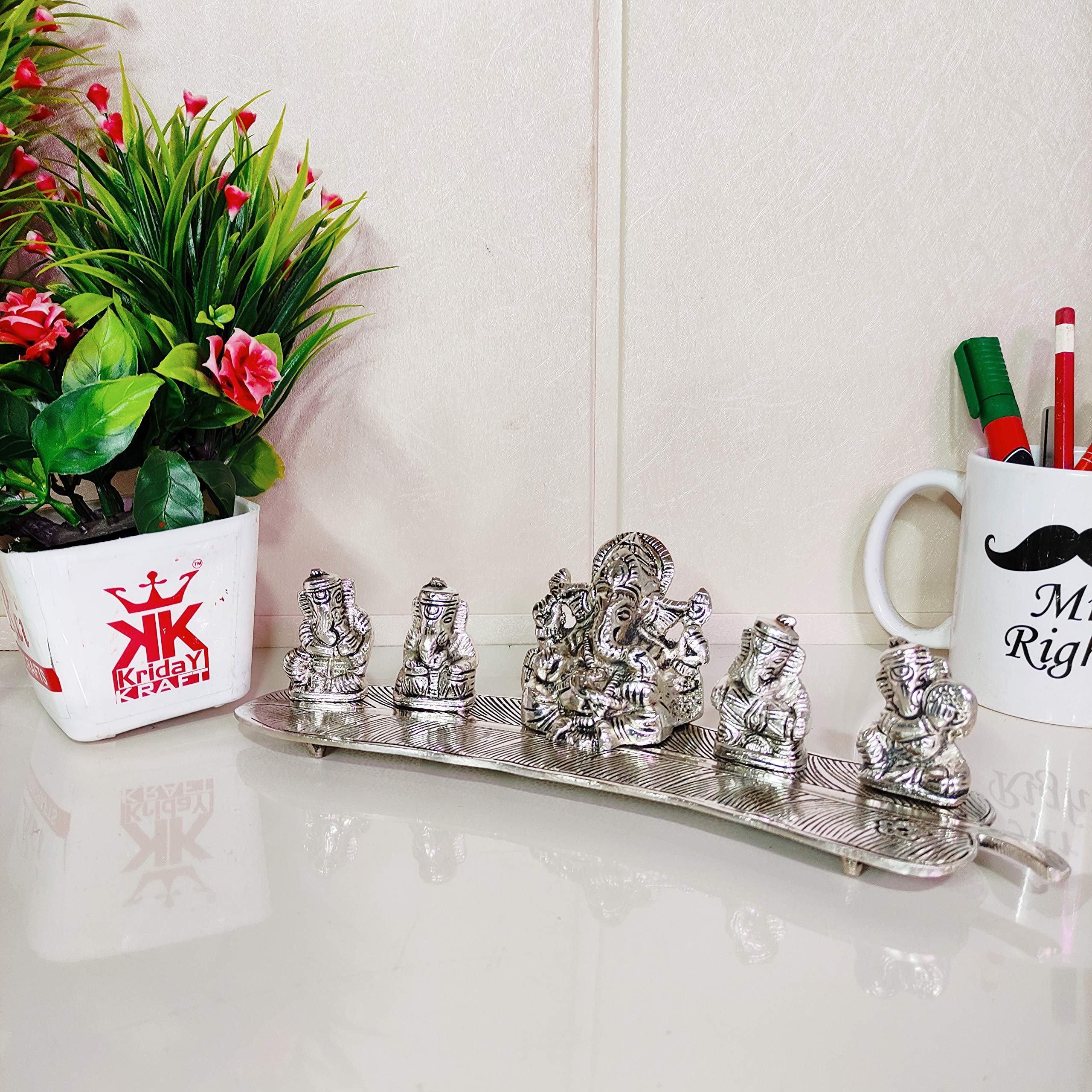 KridayKraft White Metal 5 Ganesh Silver Plated with Musical Instrument on Leaf for Home Décor Musical Ganesha for Home Décor of Corporate Gift, Diwali, House