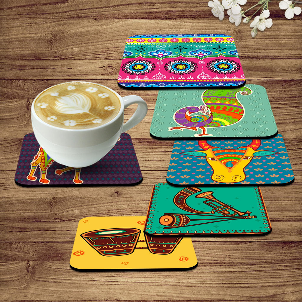 Artvibes Printed MDF Wooden Coasters for Home and Kitchen | Dining Table Decor | Square Coasters | Kitchen Decorative Item | Table Decoration | Home Decor (Set of 6 | 4x4 Inch)(Cultural Art) TC_2002N