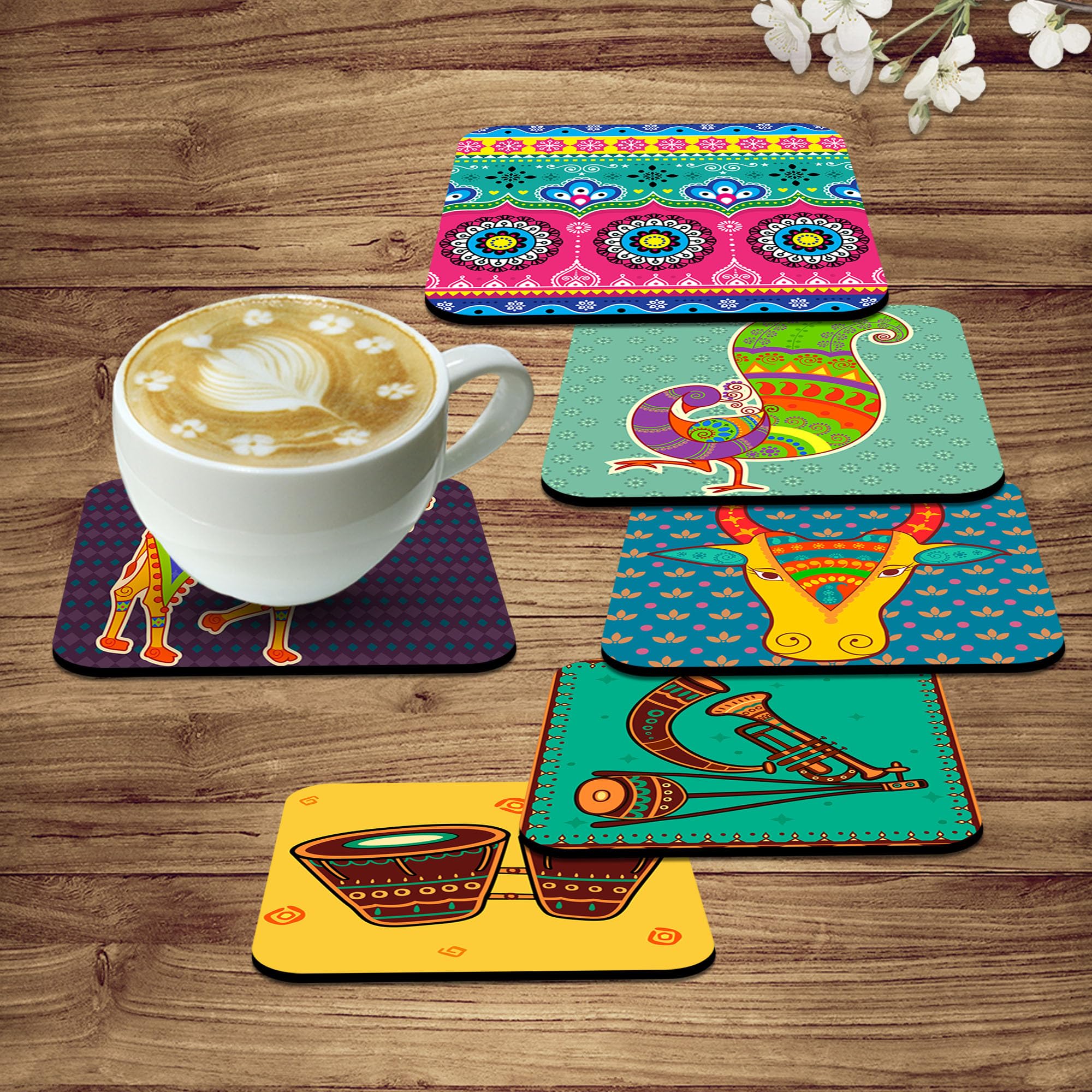 Artvibes Printed MDF Wooden Coasters for Home and Kitchen | Dining Table Decor | Square Coasters | Kitchen Decorative Item | Table Decoration | Home Decor (Set of 6 | 4x4 Inch)(Cultural Art) TC_2002N
