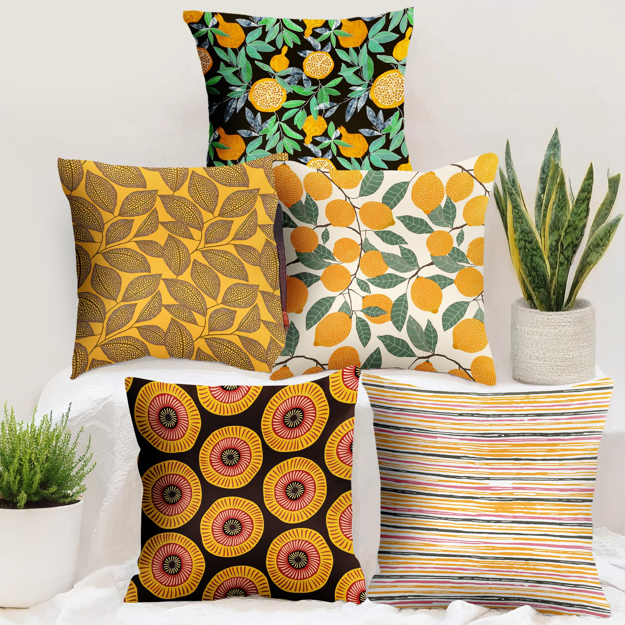 Story@Home Yellow & Green Botanical Cushion Cover Set of 5 | 16 x 16 Inch| Lemon & Leaf Digital Printed Decorative Pillow Covers|Soft Polyester Cushion Covers for Sofa, Living Room, Bedroom & Home