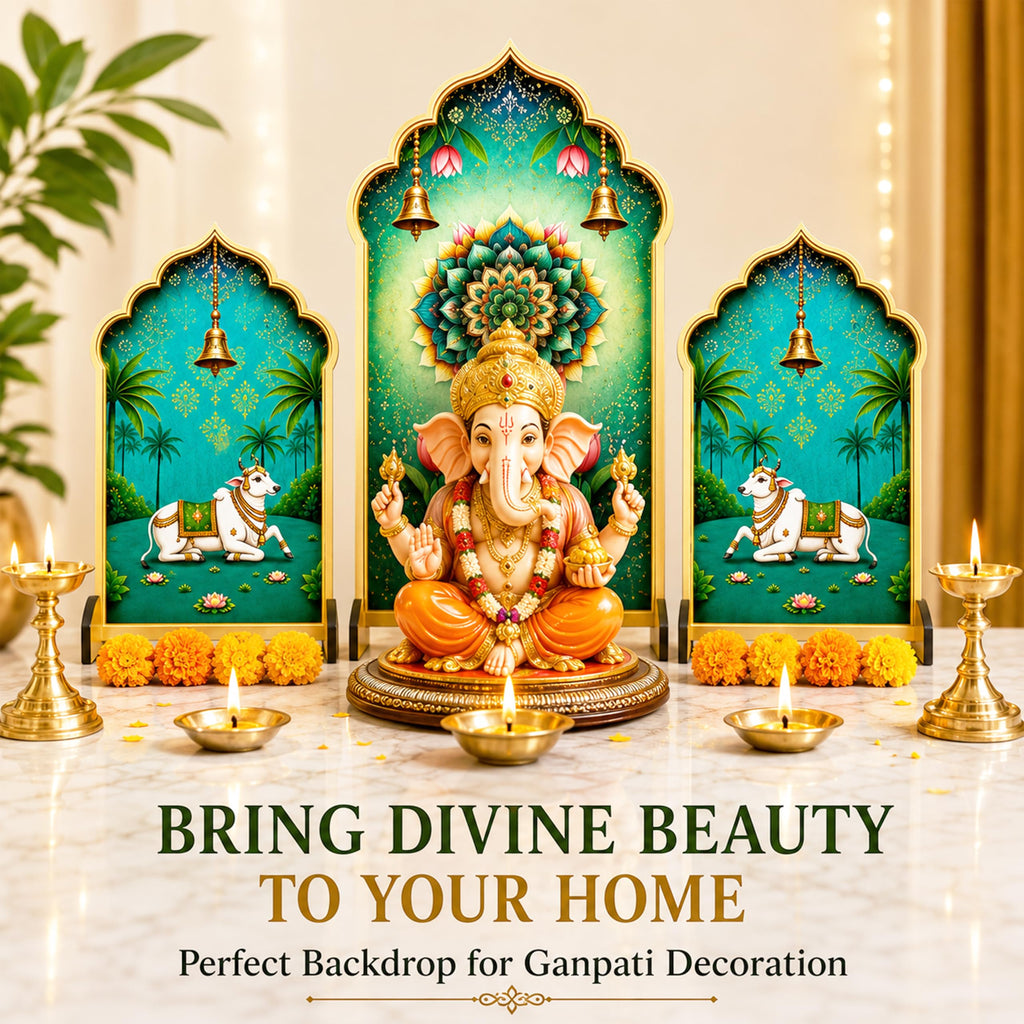Ganpati Decoration Setup for Home, Premium MDF Ganesh Chaturthi Backdrop Stand, 3 Panel Traditional Mandap Decor for Pooja, Aarti, Festival & Housewarming, Suitable for up to 12 Inches Ganpati.