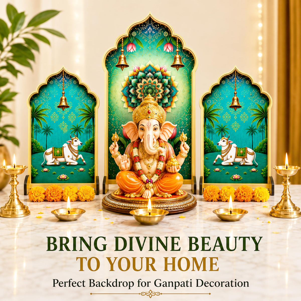 Ganpati Decoration Setup for Home, Premium MDF Ganesh Chaturthi Backdrop Stand, 3 Panel Traditional Mandap Decor for Pooja, Aarti, Festival & Housewarming, Suitable for up to 12 Inches Ganpati.