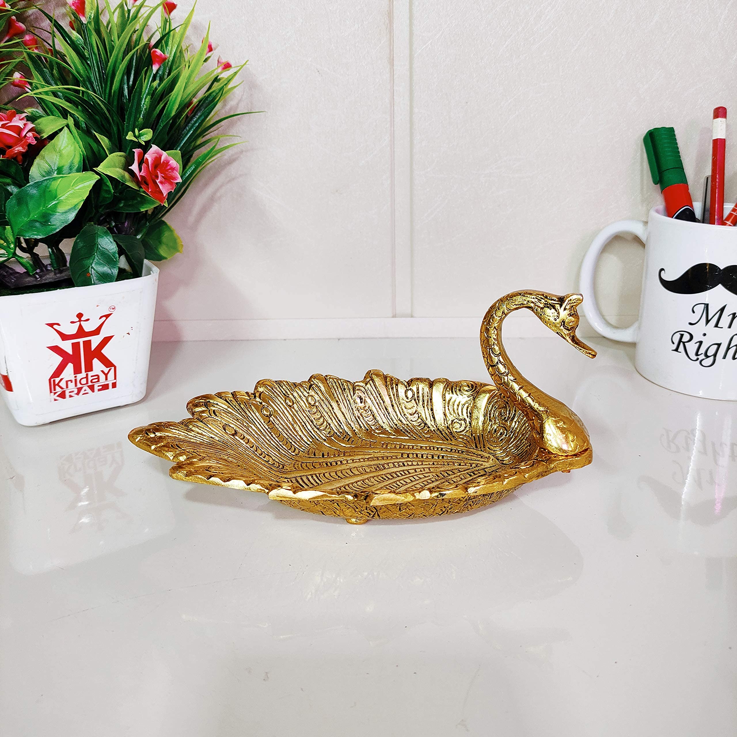 KridayKraft Decorative Golden Metal Duck Bowl – Elegant Duck-Shaped Dry Fruit Serving Tray for Table Display, Festive Centerpiece & Stylish Home Décor Accent