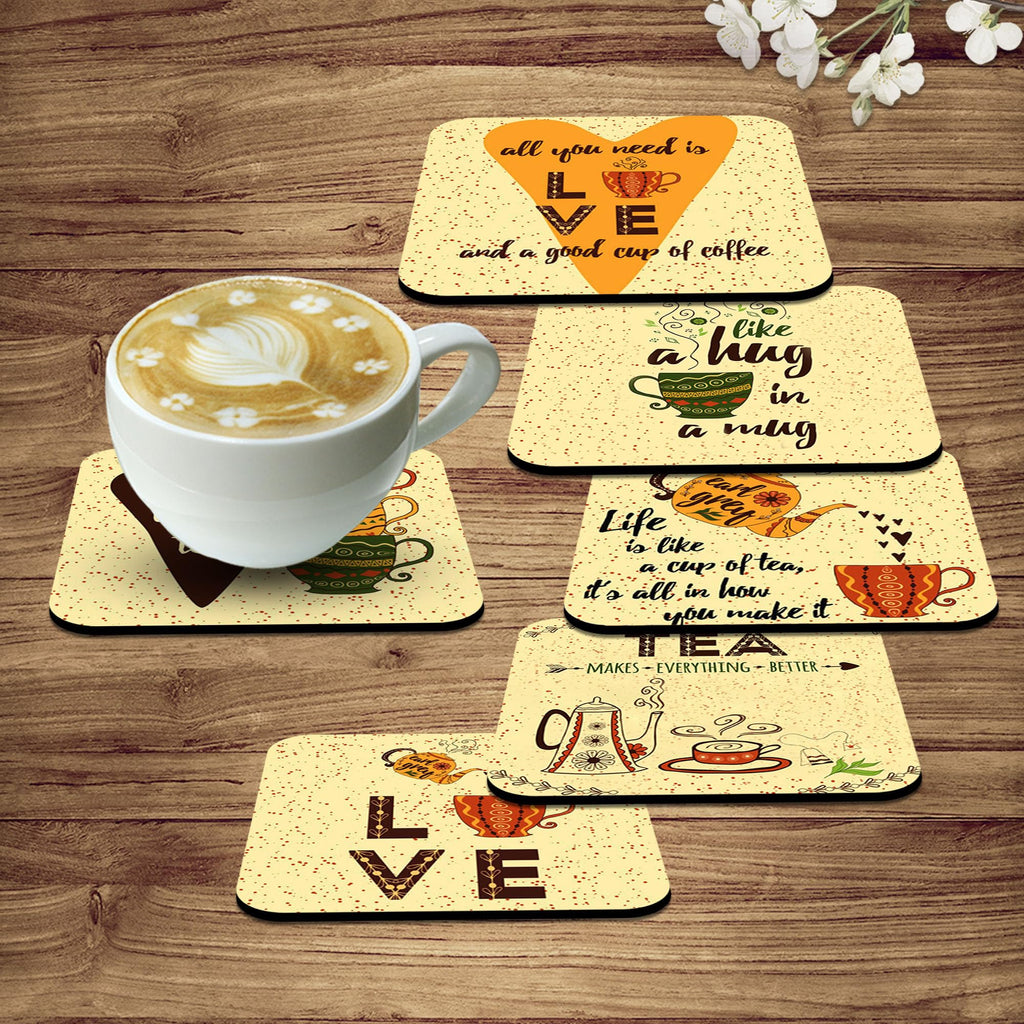 Artvibes Printed MDF Wooden Coasters for Home and Kitchen | Dining Table Decor | Square Coasters | Kitchen Decorative Items | Table Decoration | Home Decor (Set of 6 | 4x4 Inch)(Tea) TC_2008