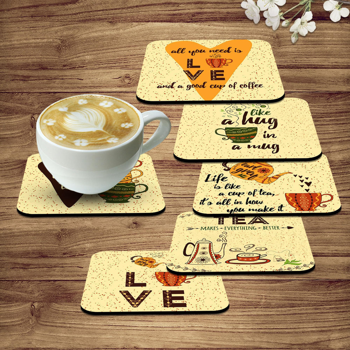 Artvibes Printed MDF Wooden Coasters for Home and Kitchen | Dining Table Decor | Square Coasters | Kitchen Decorative Items | Table Decoration | Home Decor (Set of 6 | 4x4 Inch)(Tea) TC_2008