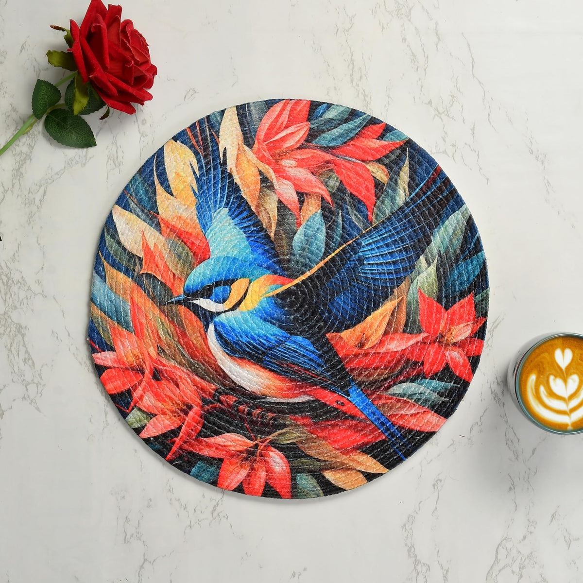LaVichitra Cotton Table Placemat | Dining Table Mat | Bed Side Table Mat | Cotton Round Shape Placemats | Washable PlaceMat for Shelves & Plant Pots - Pack of 4, Blue Bird Kafalo