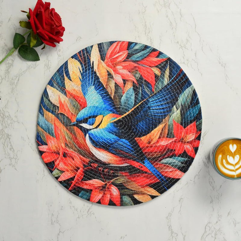 LaVichitra Cotton Table Placemat | Dining Table Mat | Bed Side Table Mat | Cotton Round Shape Placemats | Washable PlaceMat for Shelves & Plant Pots - Pack of 4, Blue Bird Kafalo
