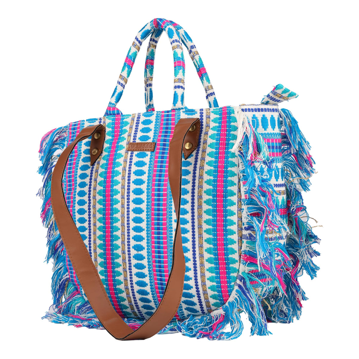 ENSAC Premium Cotton Tote Bag for Women, Stylish Handbag for women with Zip Closure | Fit for Office Bag, College, Travel Use | Handcrafted in India (Cutwork-tote-big) (Lightblue)
