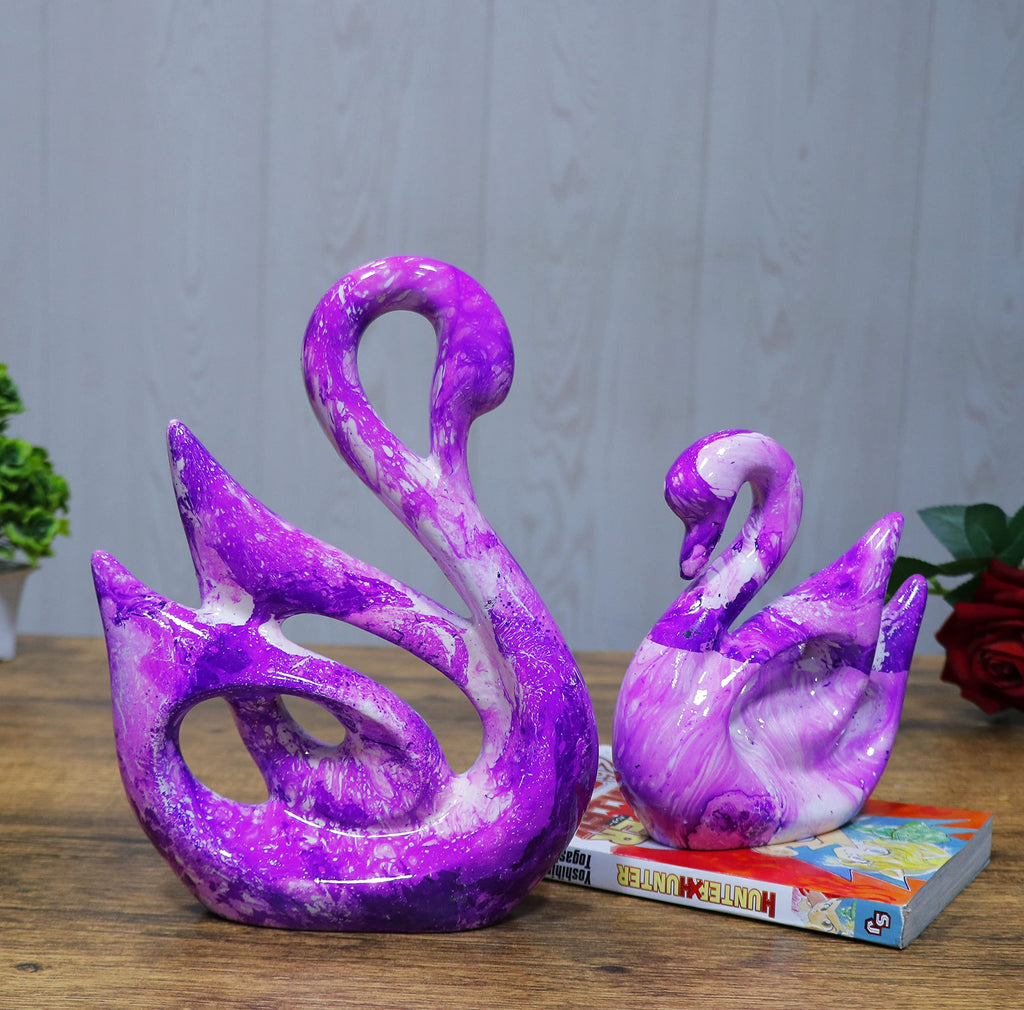 Lucky Love Swan Couple Glossy Piano Finish Polyresin Figures for Home Decor, Living Room - Marble Purple (Set of 2 Pc, Large)