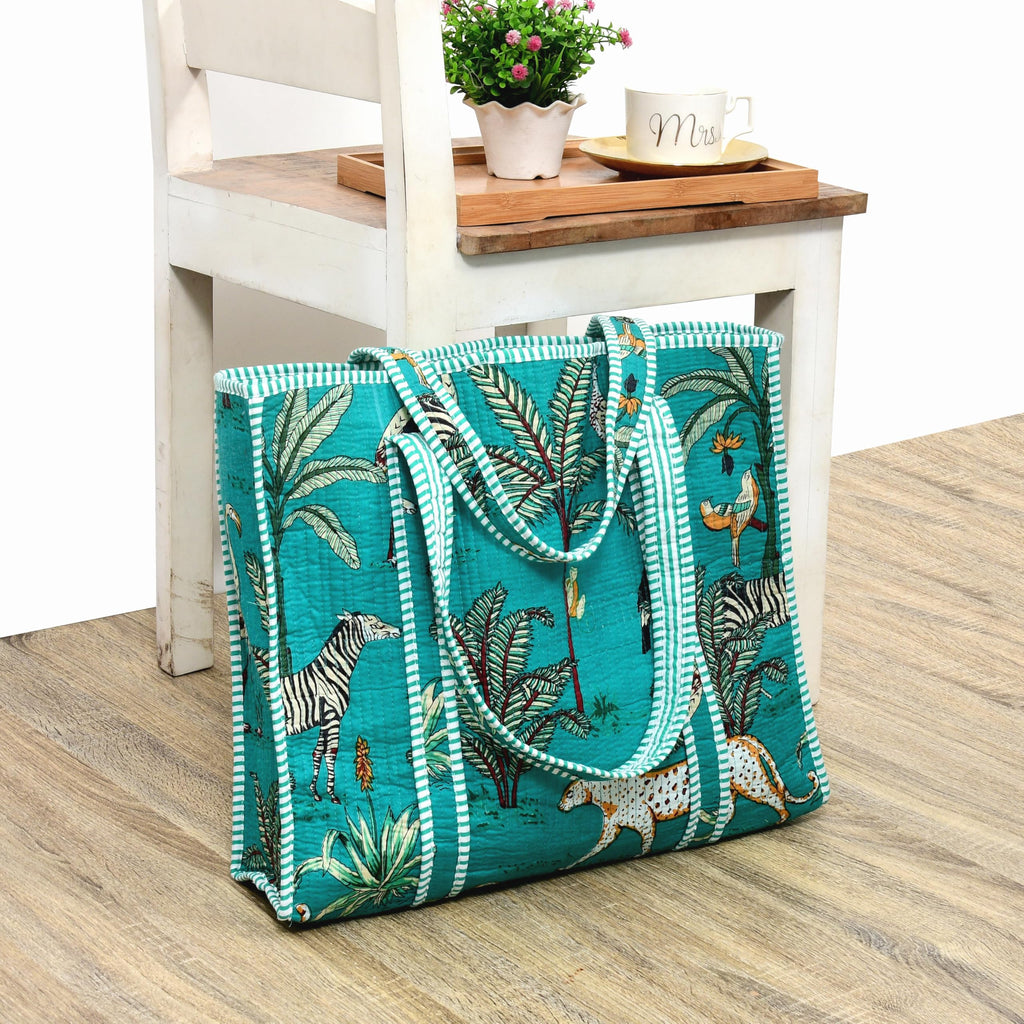 MITTICO Quilted Cotton Tote Bag for Women – Handmade Travel Shoulder Handbag with Zipper & Multiple Pockets | Lightweight & Durable Everyday Tote Bag | Turquoise Blue Jungle Print