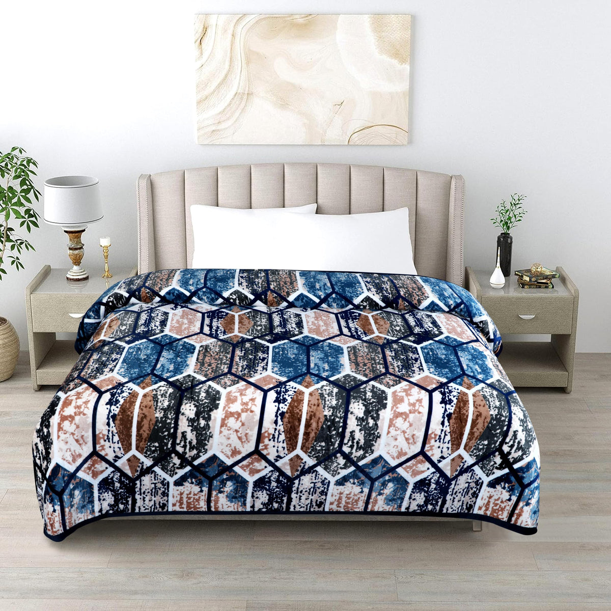 Gullivar Premium Ultra Soft Flannel Printed Single Blanket 220x160 cm| 200 GSM Warm & Cozy All Season AC Blanket| Lightweight Travel/Camping Throw for Sofa & Couch| Winter Duvet/Quilt- Blue & Beige Kafalo