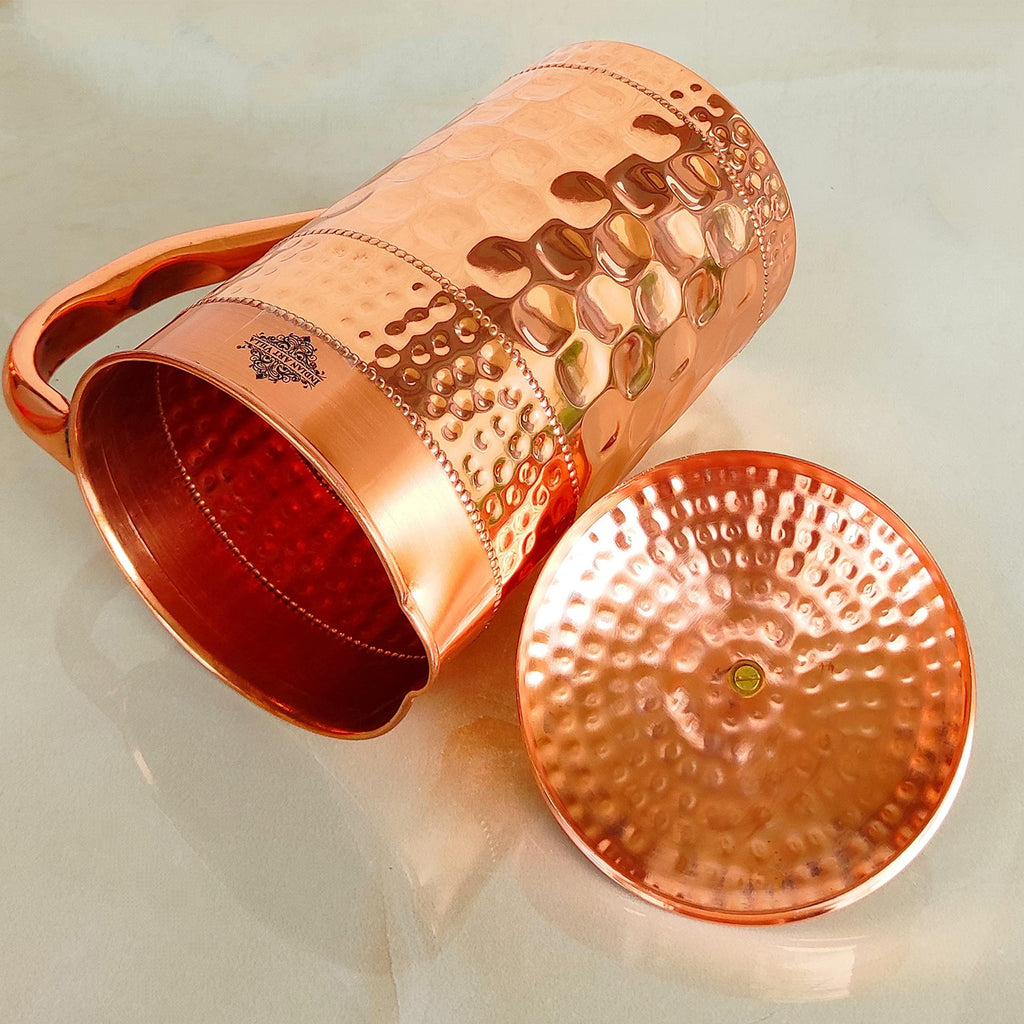 Indian Art Villa Pure Copper Jug/Pitcher with Diamond Hammered Beeding Design, Drinkware & Storage Purpose, Volume-1500 ML