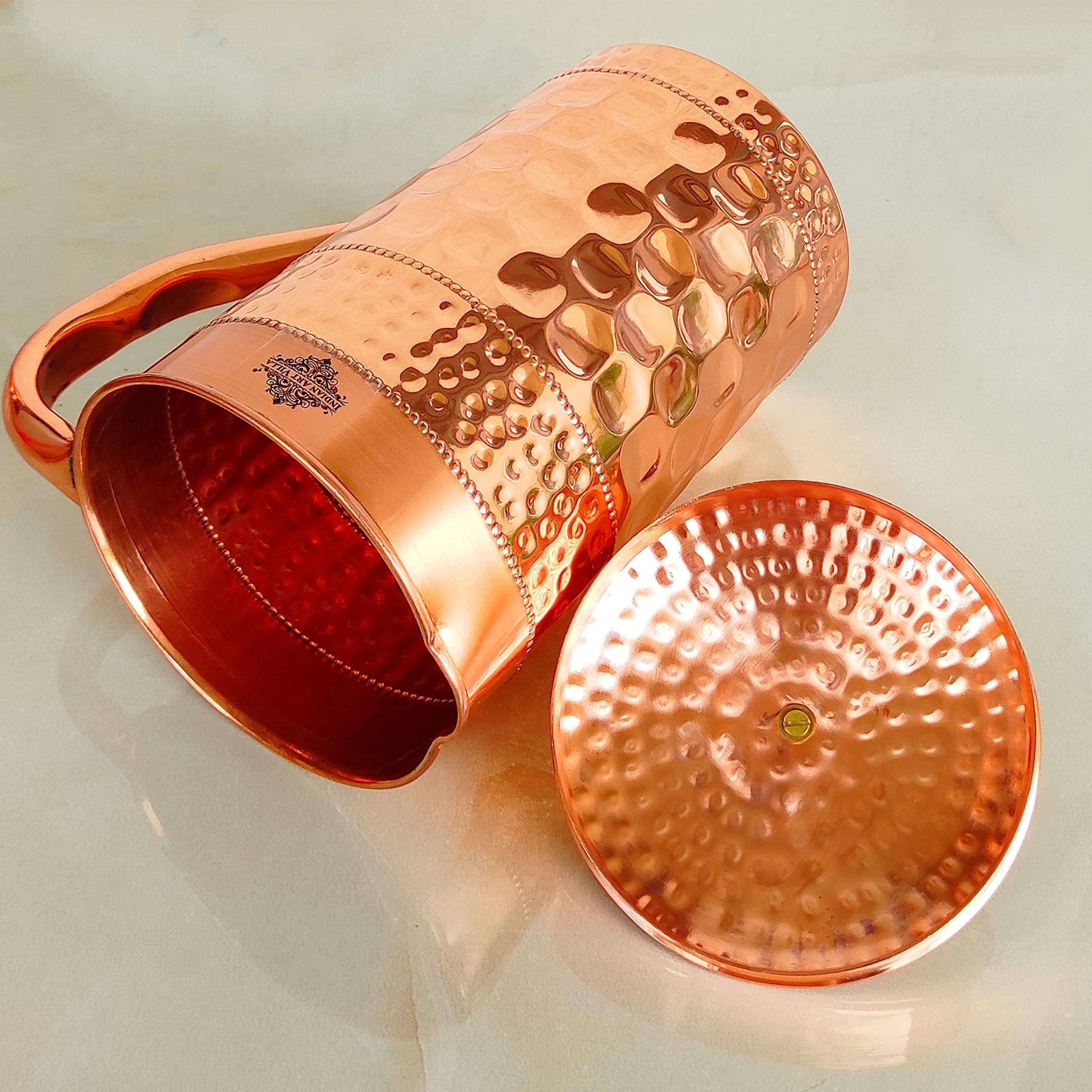 Indian Art Villa Pure Copper Jug/Pitcher with Diamond Hammered Beeding Design, Drinkware & Storage Purpose, Volume-1500 ML