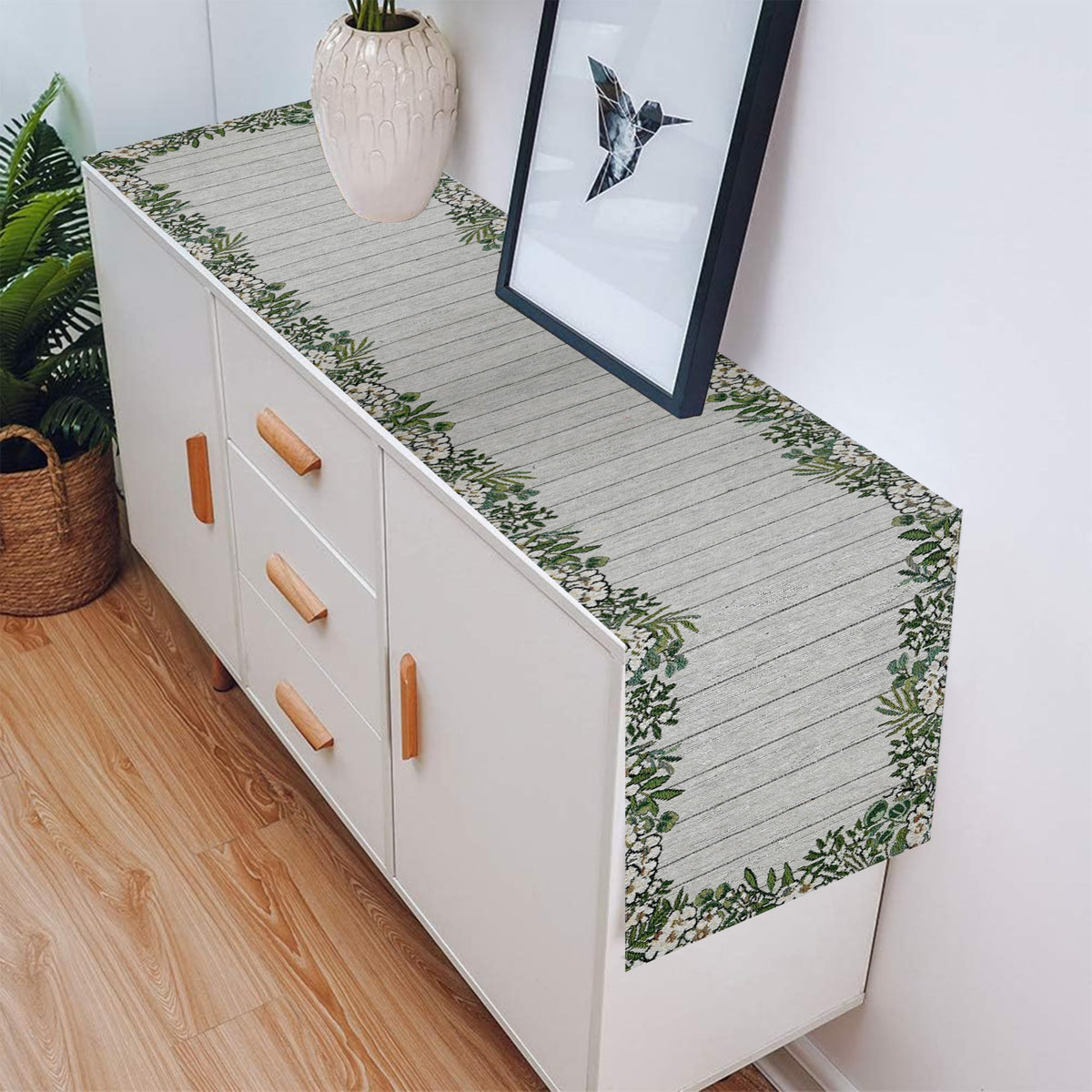 PRAKARTIK BY INDUARTS Daisy Flower Floral Eco-Friendly Cotton Dining Table Runner – Reusable, Machine Washable , Everyday Use Green & White Rectangular Runner, 200 cm Runner (30X200 cm) Kafalo