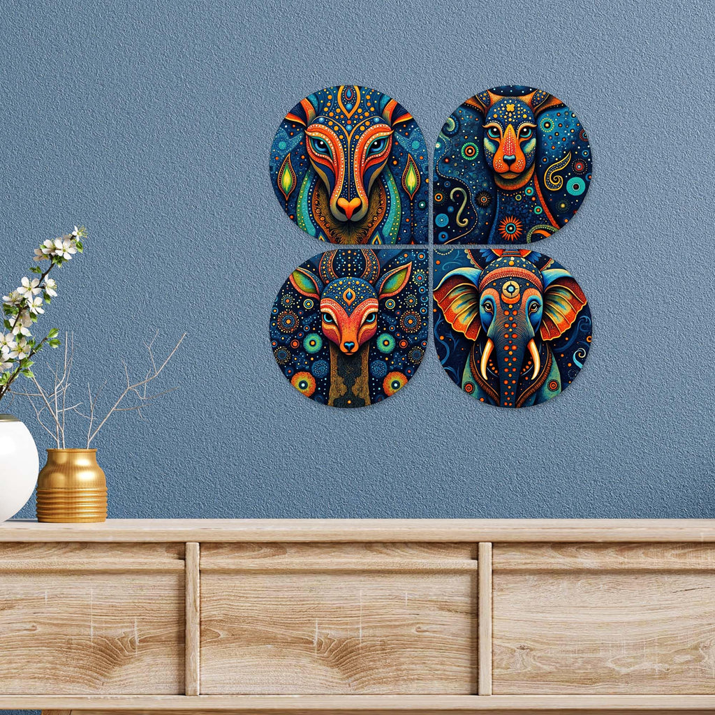Artvibes Traditional Animal Decorative MDF Wooden Wall Art for Home | Living Room | Office | Wall Art Painting For Hall | Graphic Artwork | Aesthetic Wooden Decor | Ideal Gifts (WH_8468N), Set of 4