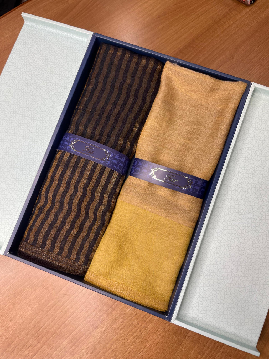 Pashmoda His and Her Gift Set of Zari Stoles With Wooden Gift Box