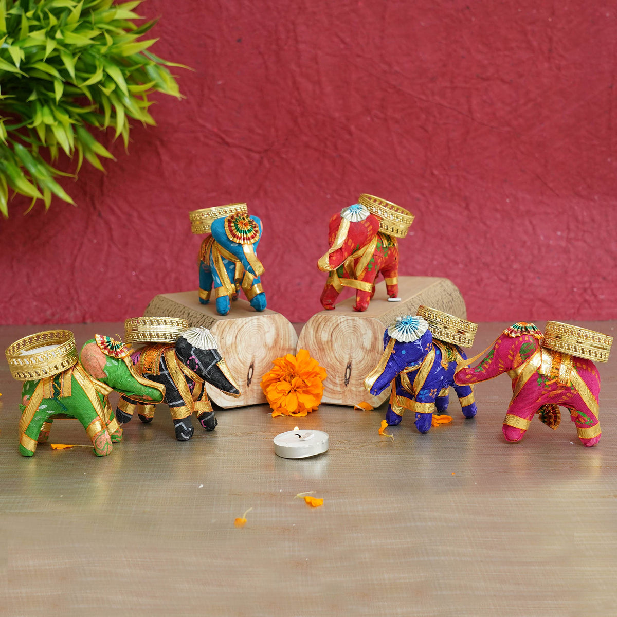 TIED RIBBONS Set of 6 Handcrafted Recycled Material Elephant Tealight Candle Holder for Diya Home Decoration (Multicolor, 8 X 5 X 10 cm) - Decor Items - Candles Diya for Home Decoration