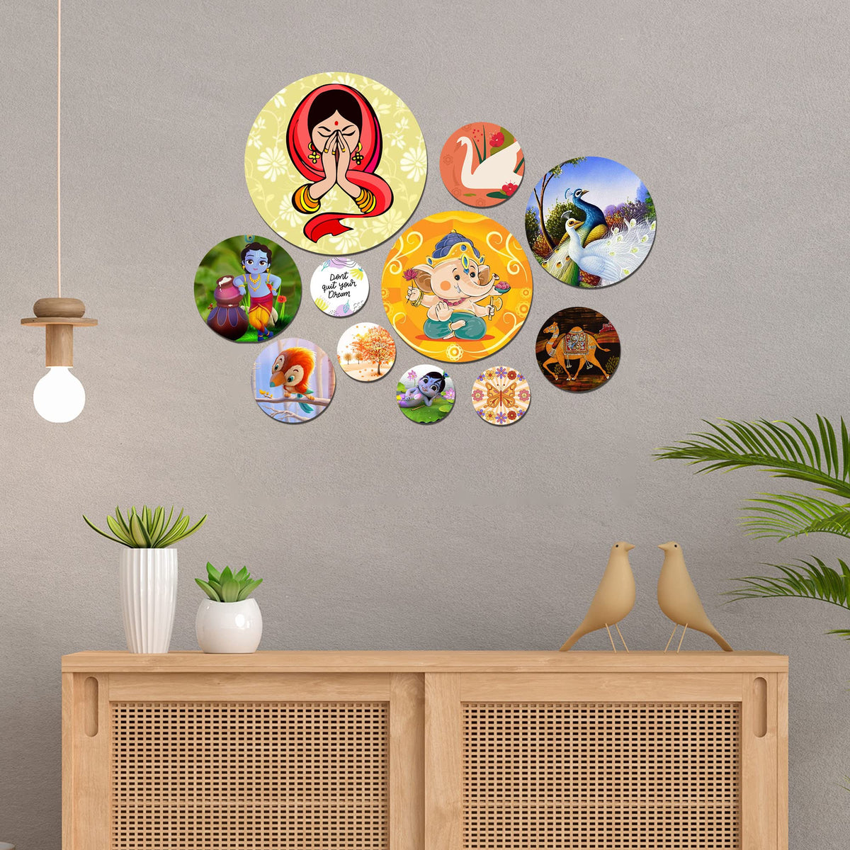 Artvibes Bal Ganesha & Little Krishna Round Shape MDF Wooden Wall Decor Items | Religious Decor | Graphic Artwork | Aesthetic Wooden Decor | Ethnic Wall Decor | Unique Gift Items (WPS_120N), Set of 11