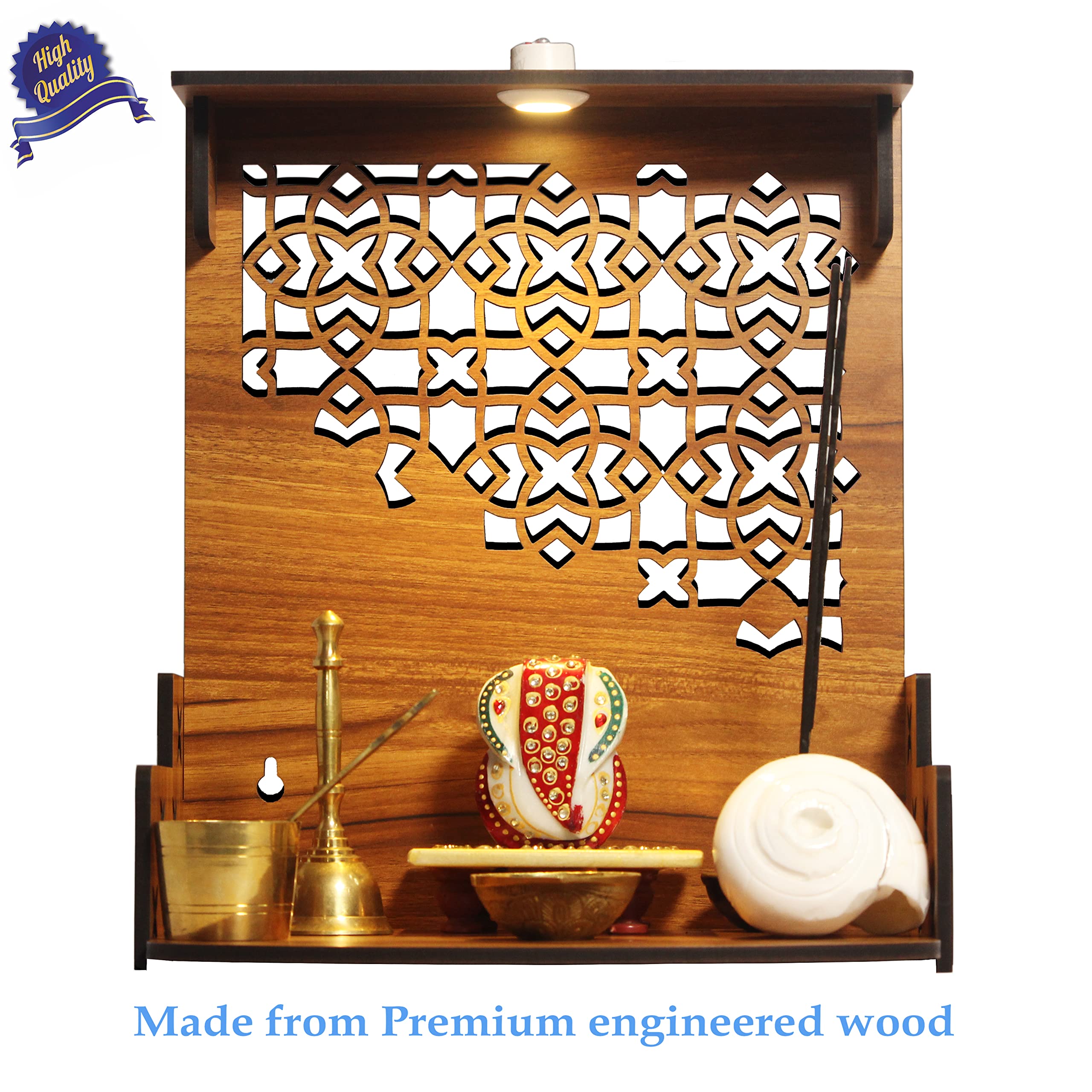 Heartily®: Divine Beautiful Wooden Pooja Stand Mandir for Home/Temple/Office/Puja Mandir for Home and Office Wall with LED Spot Light/Product (H- 12, L- 10.5, W-8.75 Inch)