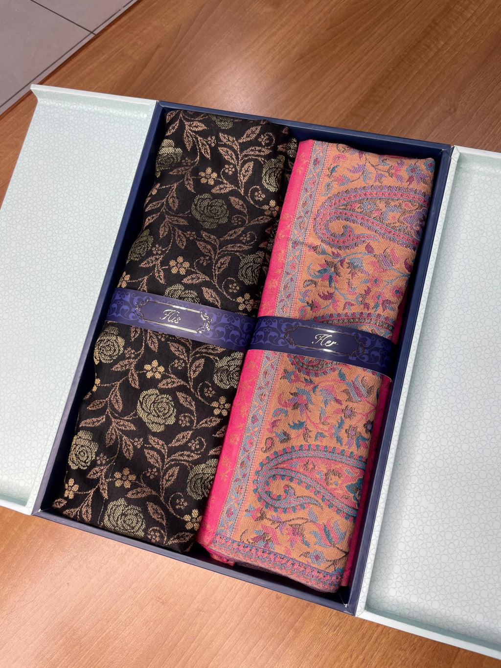 Pashmoda His and Her Gift Set of Kaani Stoles With Wooden Gift Box