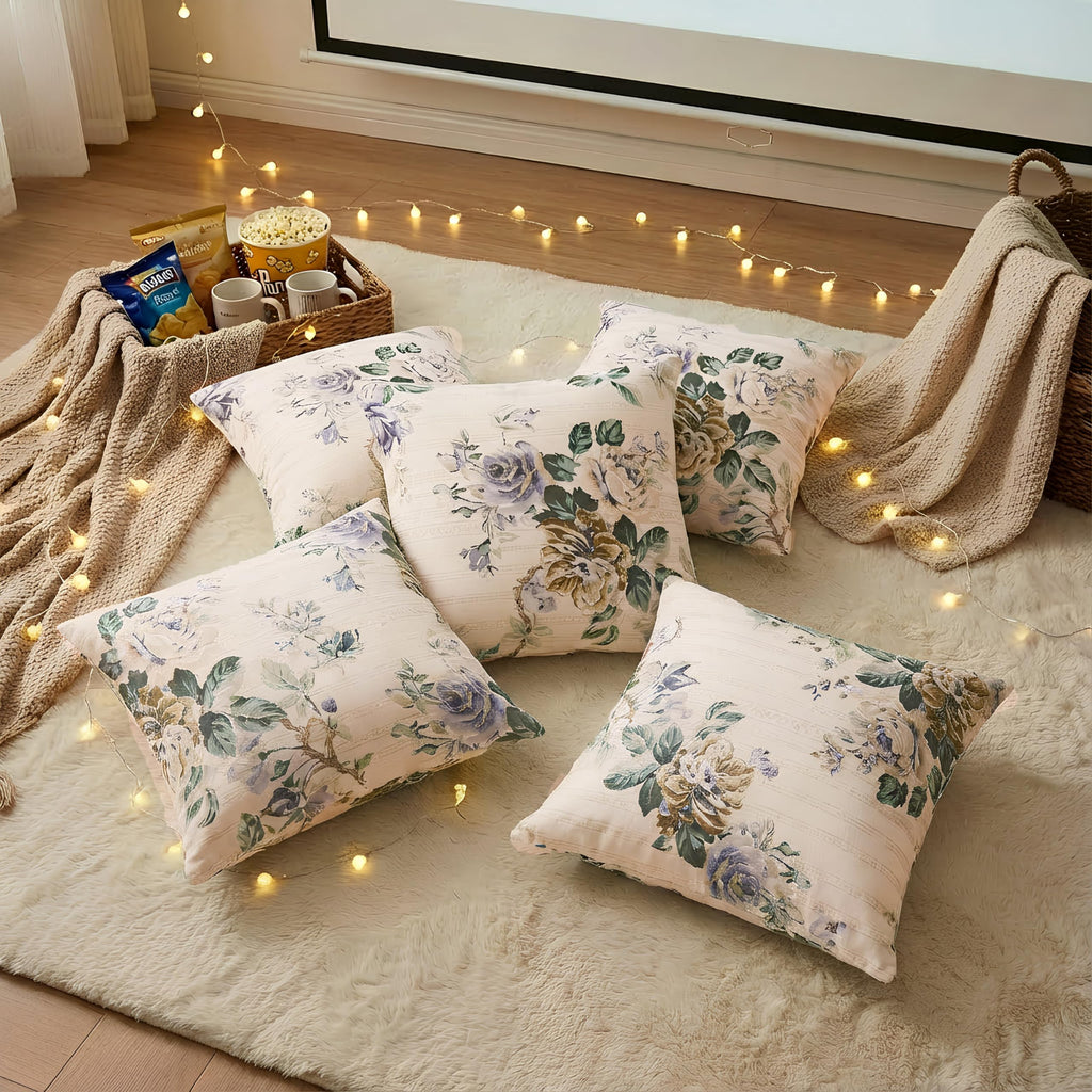 Clasiko Cotton Cushion Covers 20x20 – Set of 5 Decorative Cushion Covers, Lilac Fleur, Soft Cotton, Hidden Zip, Sofa & Bedroom Décor