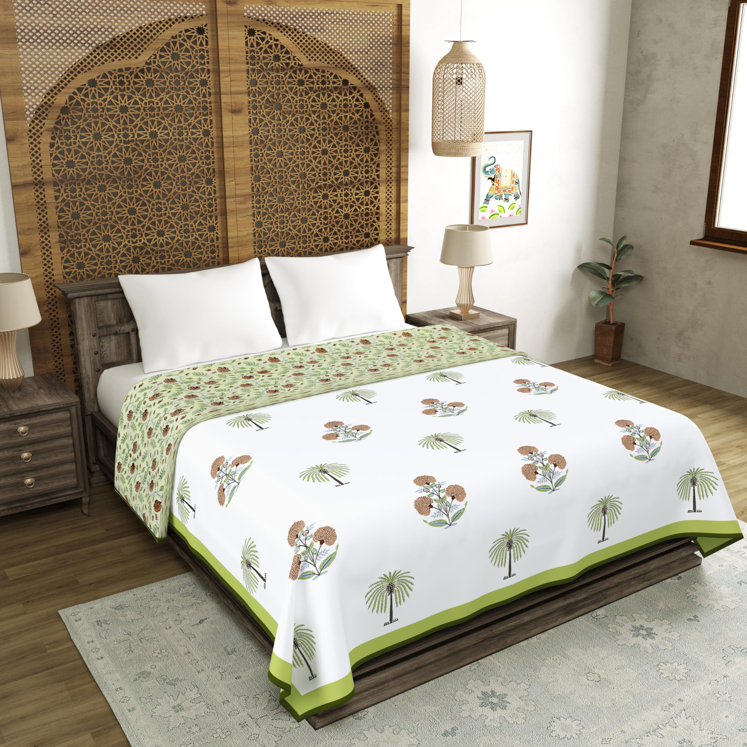 BLOCKS OF INDIA 100% Cotton Dohar King Size Reversible Hand Block Printed Malmal Summer Dohar/Blanket (Open Green Motifs) Kafalo