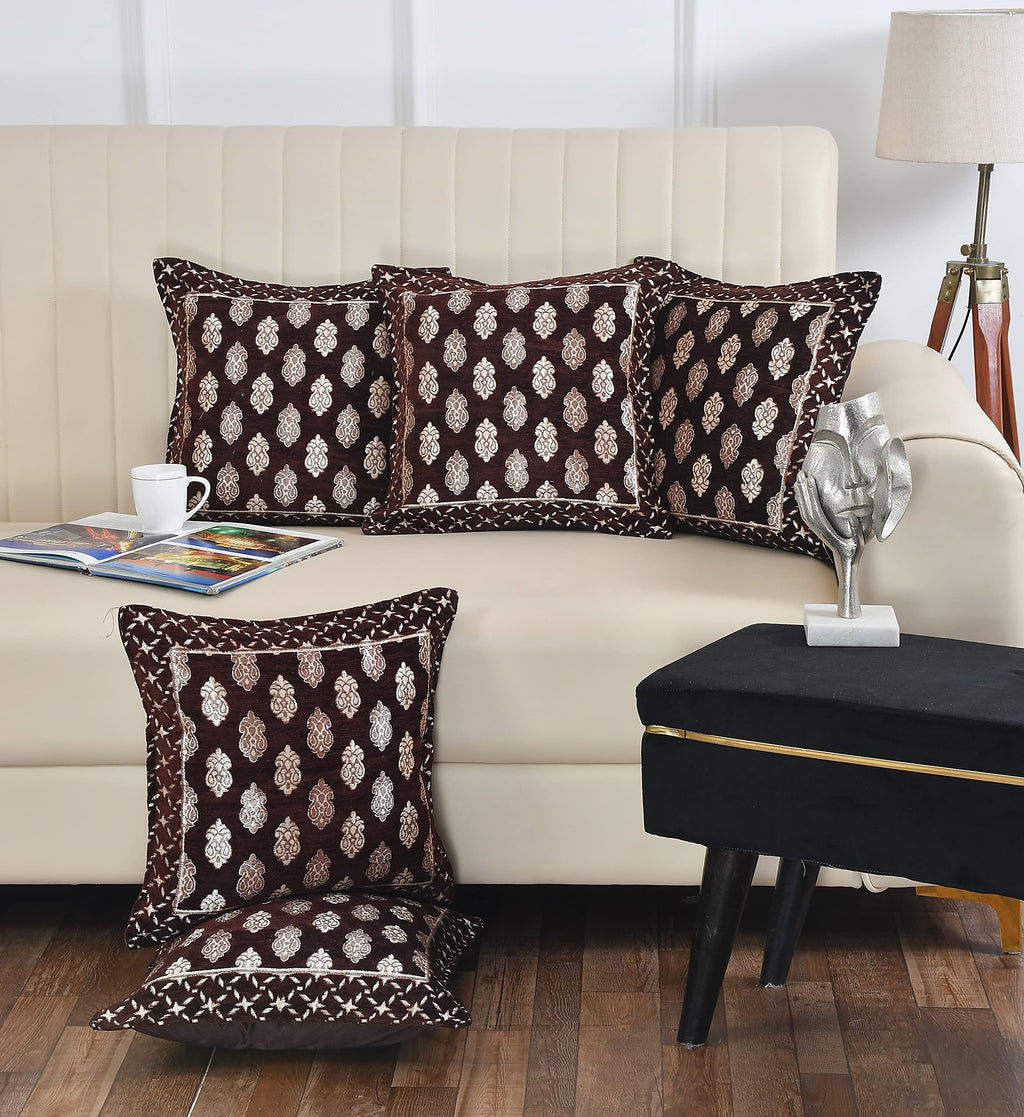 DECOMIZER Jacquard Geomteric Cushion Covers 24 Inch X 24 Inch Set Of 5 Ethnic Motifs 240 TC Cushion Covers,Design- Ambi,Color- Coffee