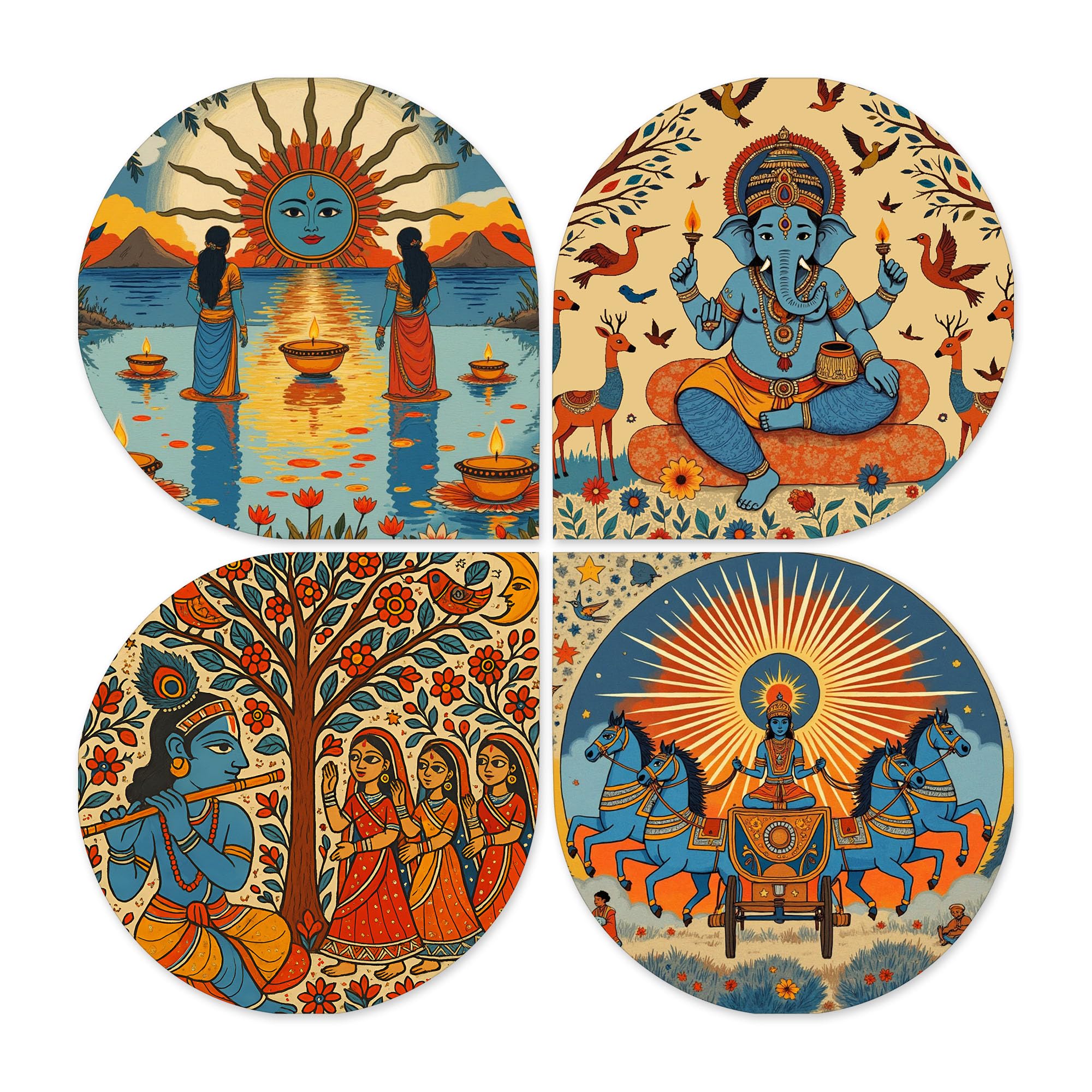 Artvibes Indian Festival Decorative Wall Hanging Ornaments | Graphic Artwork | Door Decoration Items | Paintings For Wall | Aesthetic Wooden Decor | Handcrafted Art | Ideal Gifts (WH_8448N), Set of 4