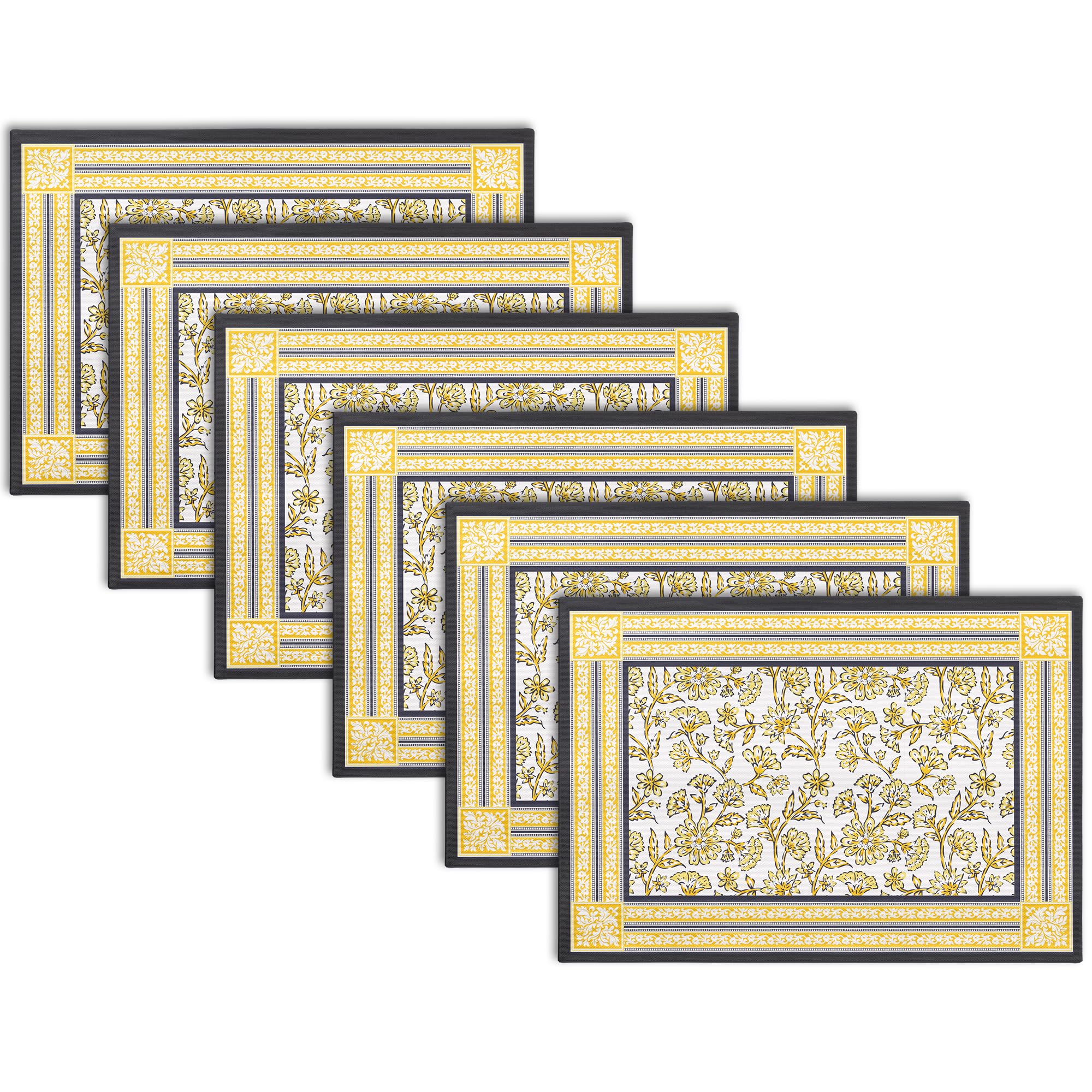 Encasa XO Dining Table Placemats, Block Printed Cotton, Hand Print Yellow Kafalo