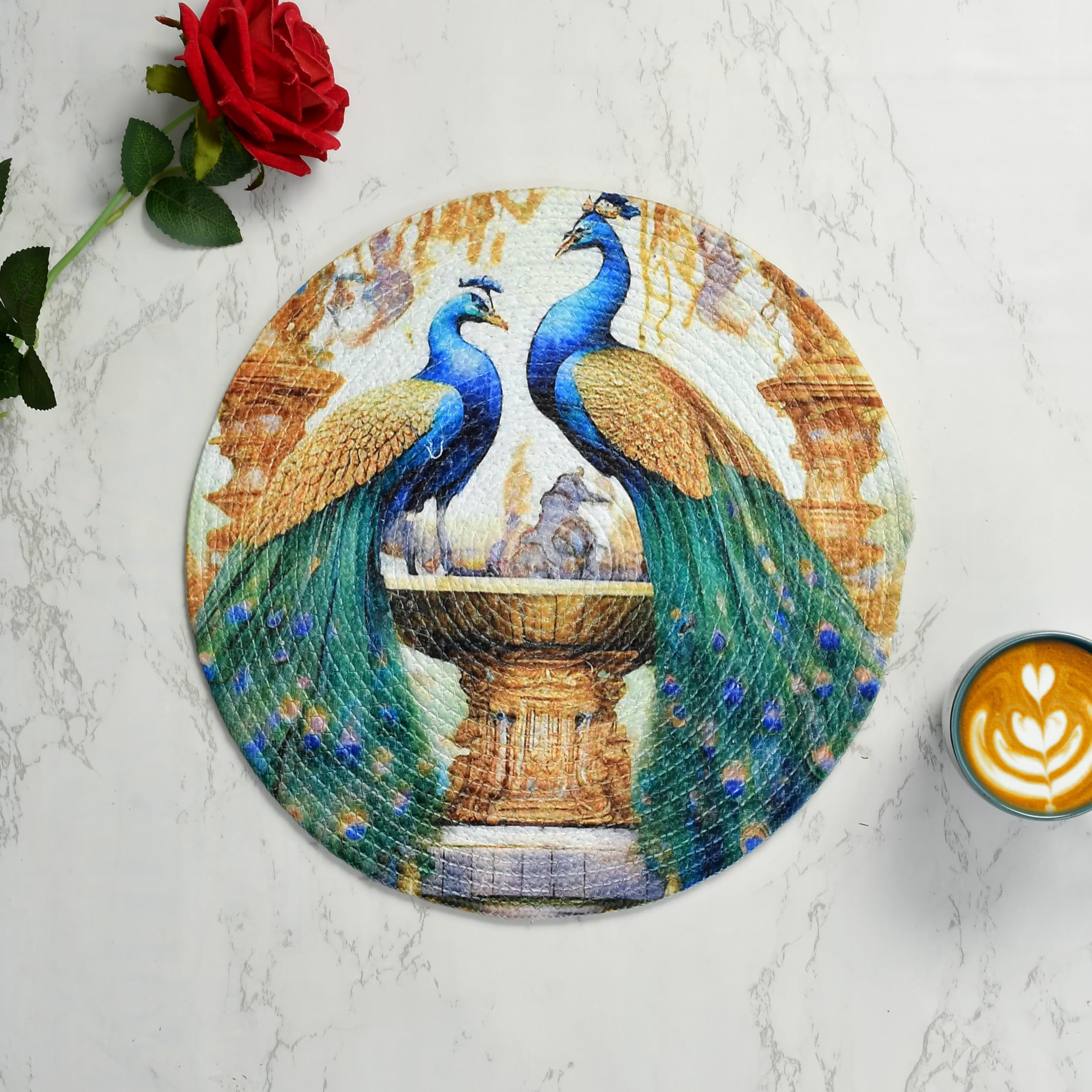 LaVichitra Cotton Table Placemat | Dining Table Mat | Bed Side Table Mat | Cotton Round Shape Placemats | Washable PlaceMat for Shelves & Plant Pots - Pack of 4, Duet Peacocks Kafalo