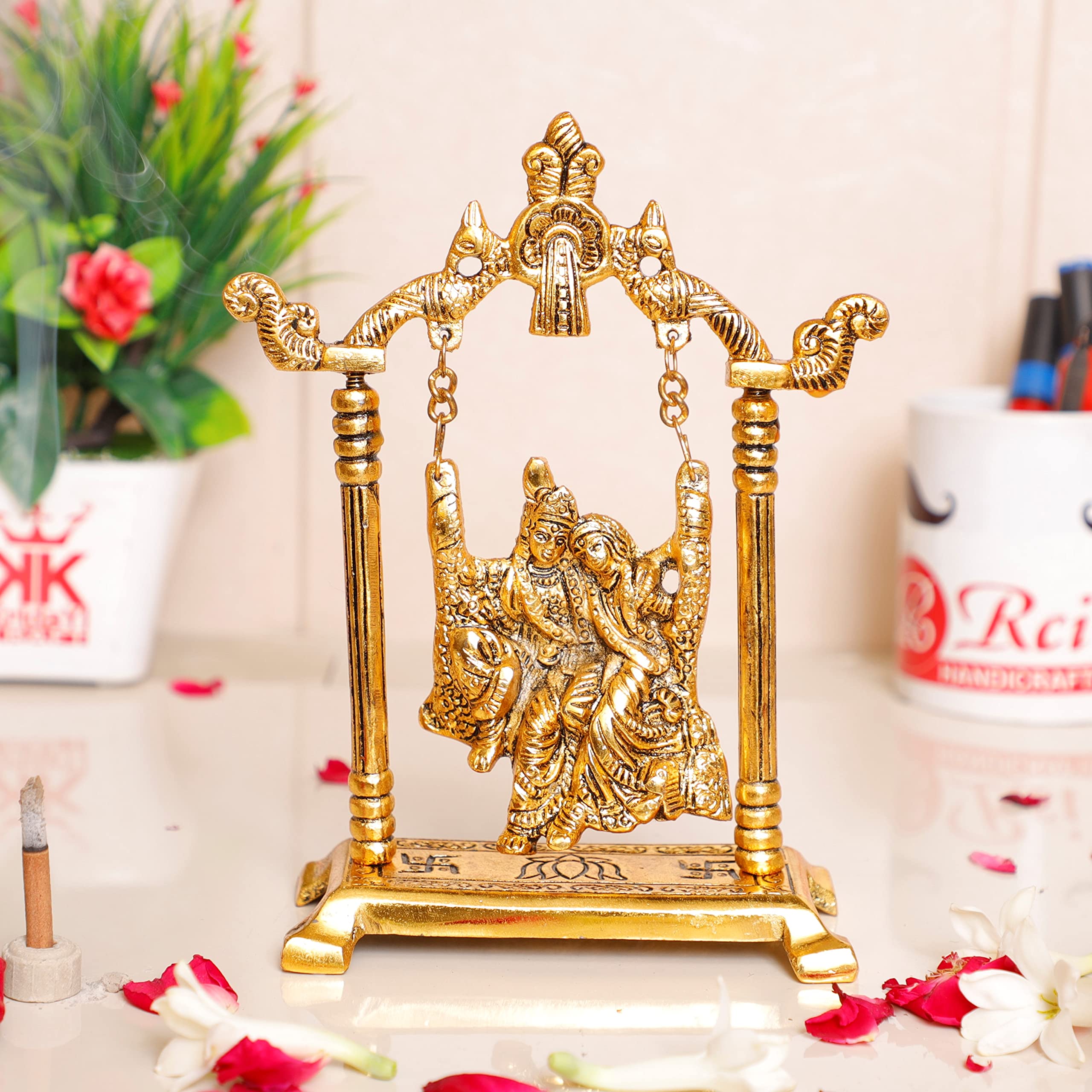 KridayKraft Radha Krishna on Swing jhula Metal Statue Gold Plated Decor Your Home,Office & Radha Krishna Murti,Showpiece Figurines,Religious Article...