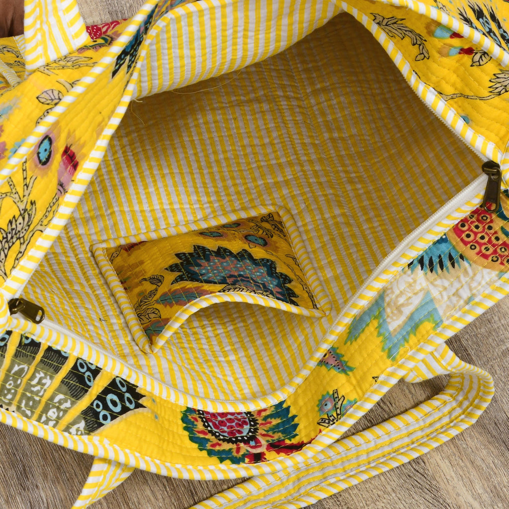 MITTICO Quilted Cotton Tote Bag for Women – Handmade Travel Shoulder Handbag with Zipper & Multiple Pockets | Lightweight & Durable Everyday Tote Bag | Yellow Floral Print