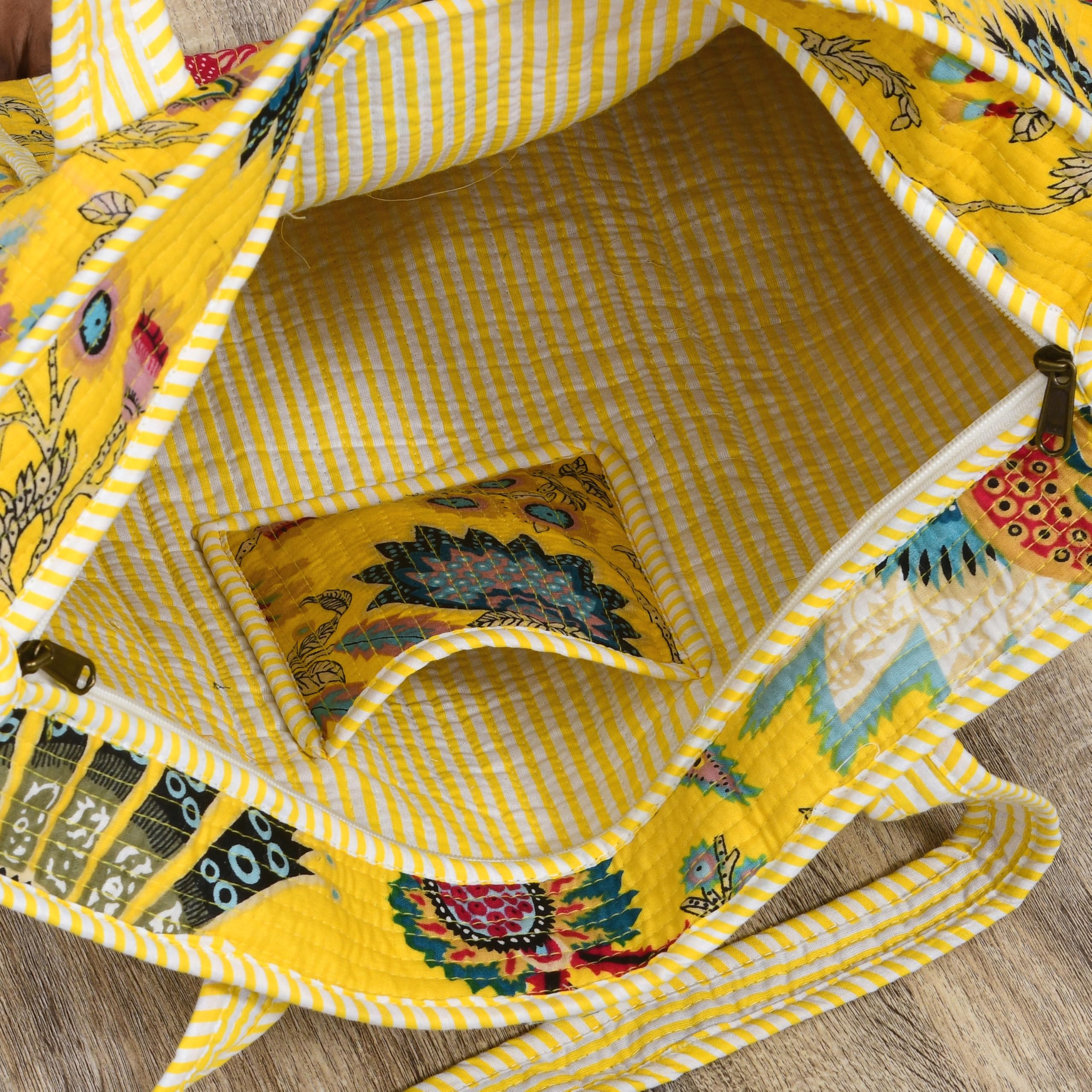 MITTICO Quilted Cotton Tote Bag for Women – Handmade Travel Shoulder Handbag with Zipper & Multiple Pockets | Lightweight & Durable Everyday Tote Bag | Yellow Floral Print