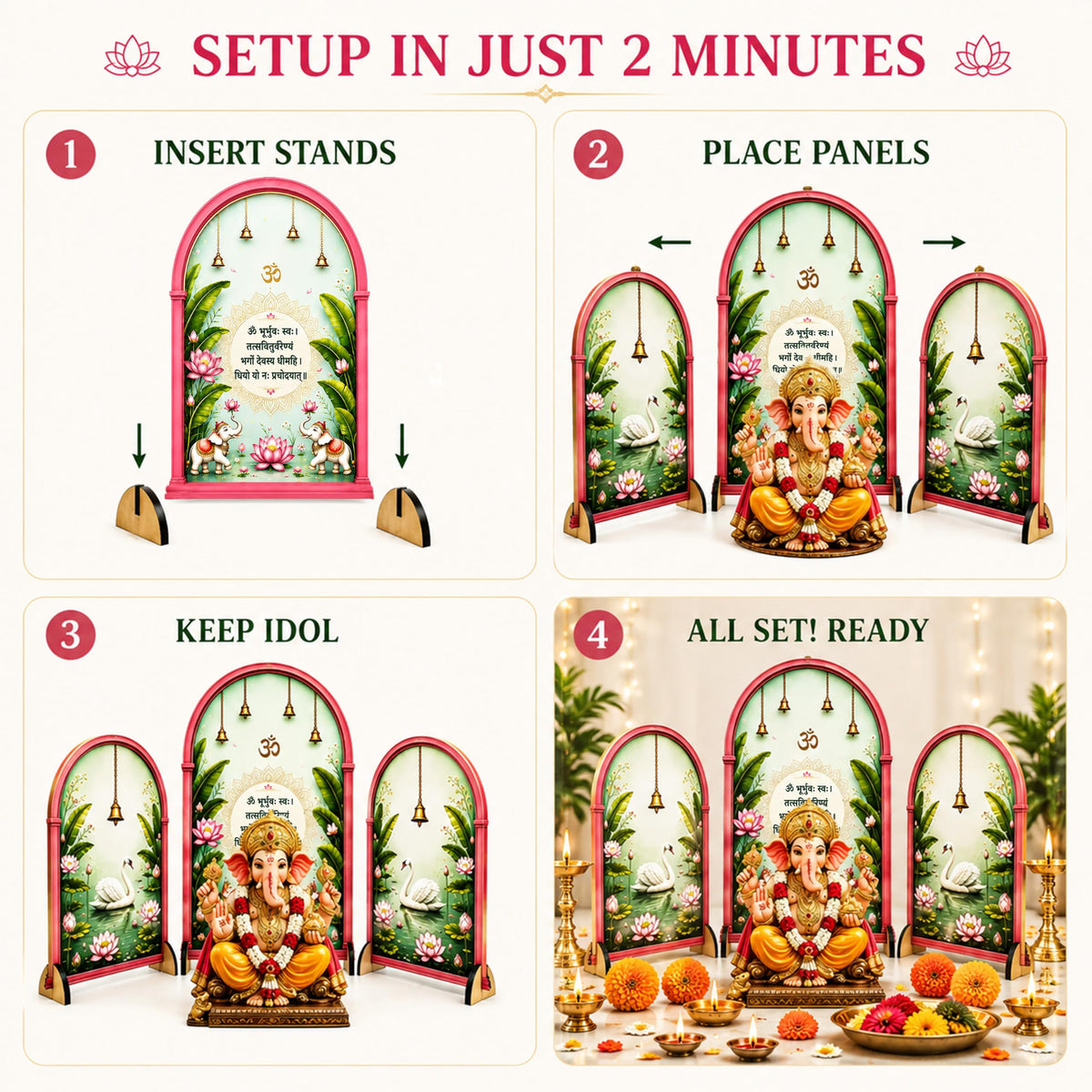 Ganpati Decoration Setup for Home, 3 Piece Freestanding Ganesh Festival Backdrop for Idol, Easy DIY Pooja Mandap Decor, Suitable for up to 12 Inches Ganpati Backdrop Stand & Home Temple