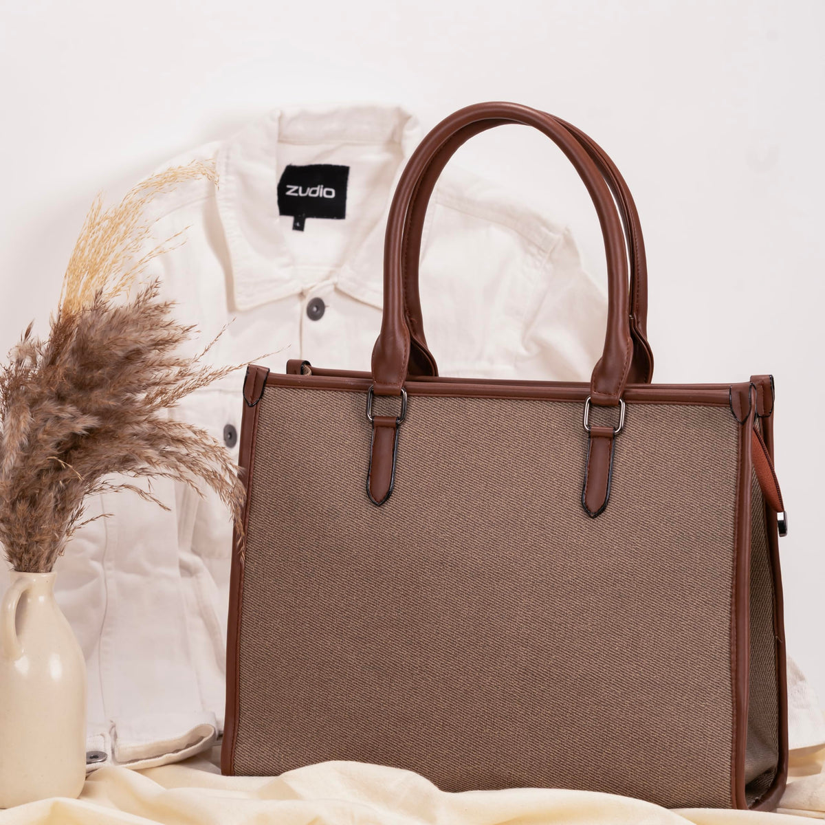 KIVOLEX Women's Large Jute Tote Bag | Fits Upto 14 Laptop | Adjustable & Detachable Sling Strap + Top Handles | Eco-Friendly & Durable | Office, Work, College & Travel Bag (Golden)
