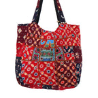 PREET GALLERY Handmade Cotton Patchwork Tote Bag, Multicolour, Double Handle|Women's Shoulder Bag, Pure Cotton Tote Bag, Handmade Patchwork Design (Brick Red)