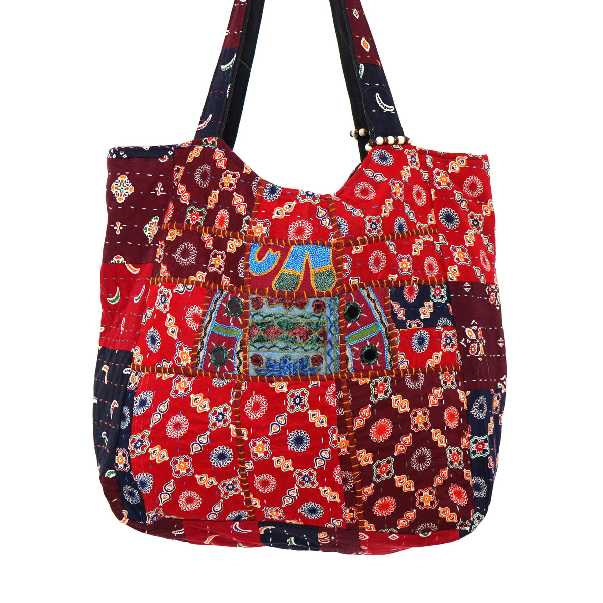 PREET GALLERY Handmade Cotton Patchwork Tote Bag, Multicolour, Double Handle|Women's Shoulder Bag, Pure Cotton Tote Bag, Handmade Patchwork Design (Brick Red)