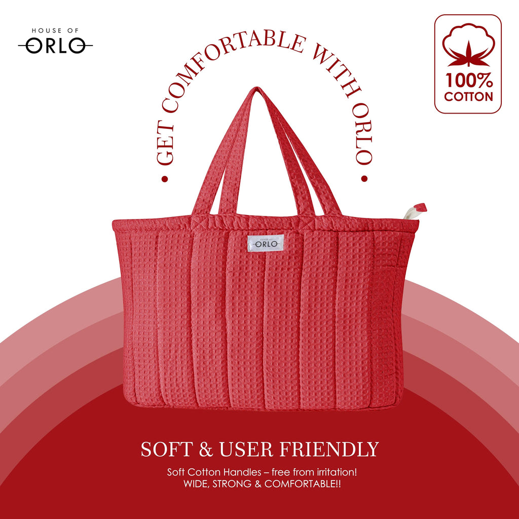 HOUSE OF ORLO Premium Cotton Waffle Quilted Tote Bag, Large Spacious Handbag for College, Office, Work, Travel, Shopping & Daily Use - Red